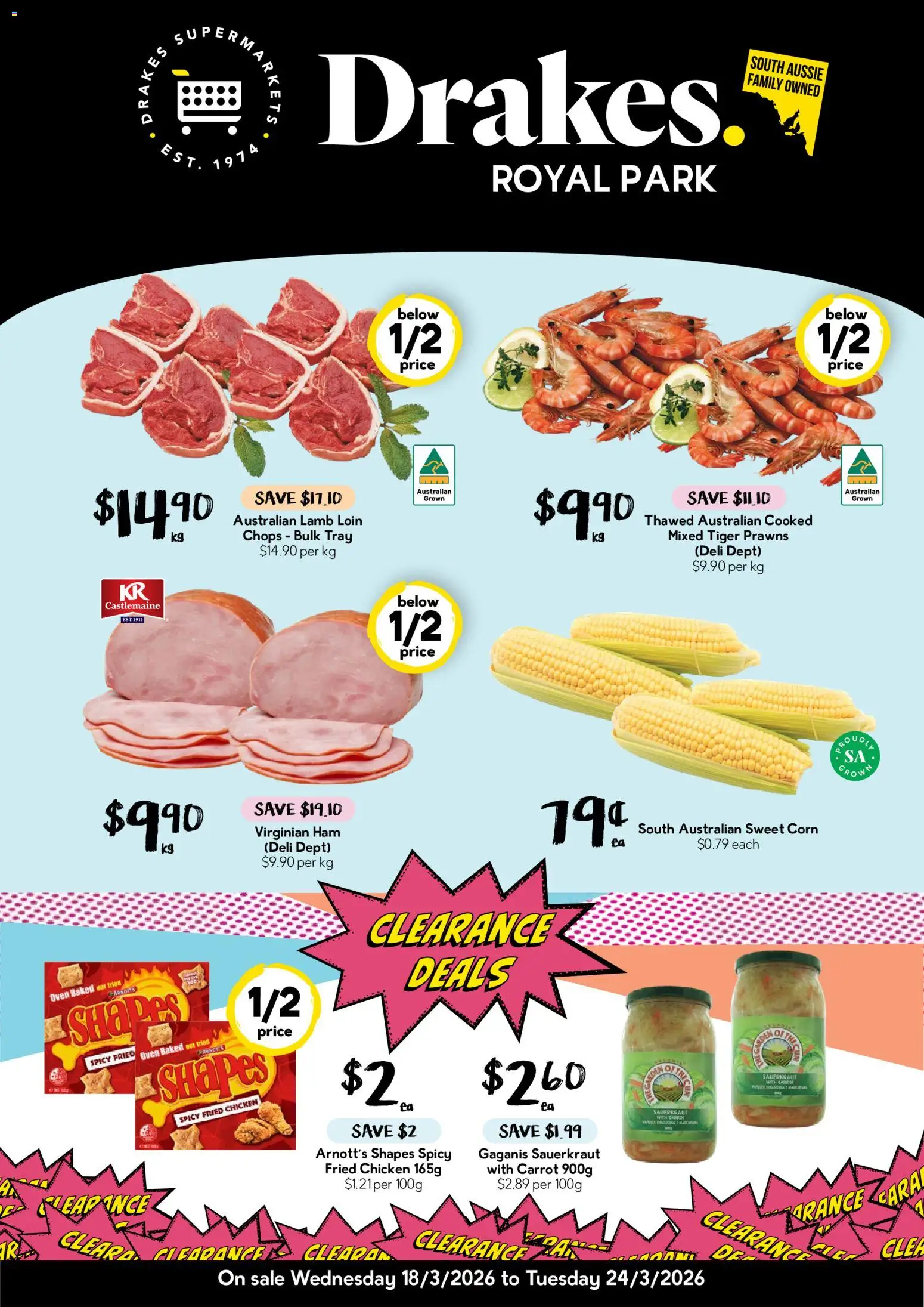 Preview of catalogue Drakes catalogue Royal Park from shop Drakes valid 18/03/2026 - Corn, Ham, Chicken, Lamb, Prawns, Sauerkraut, Oven