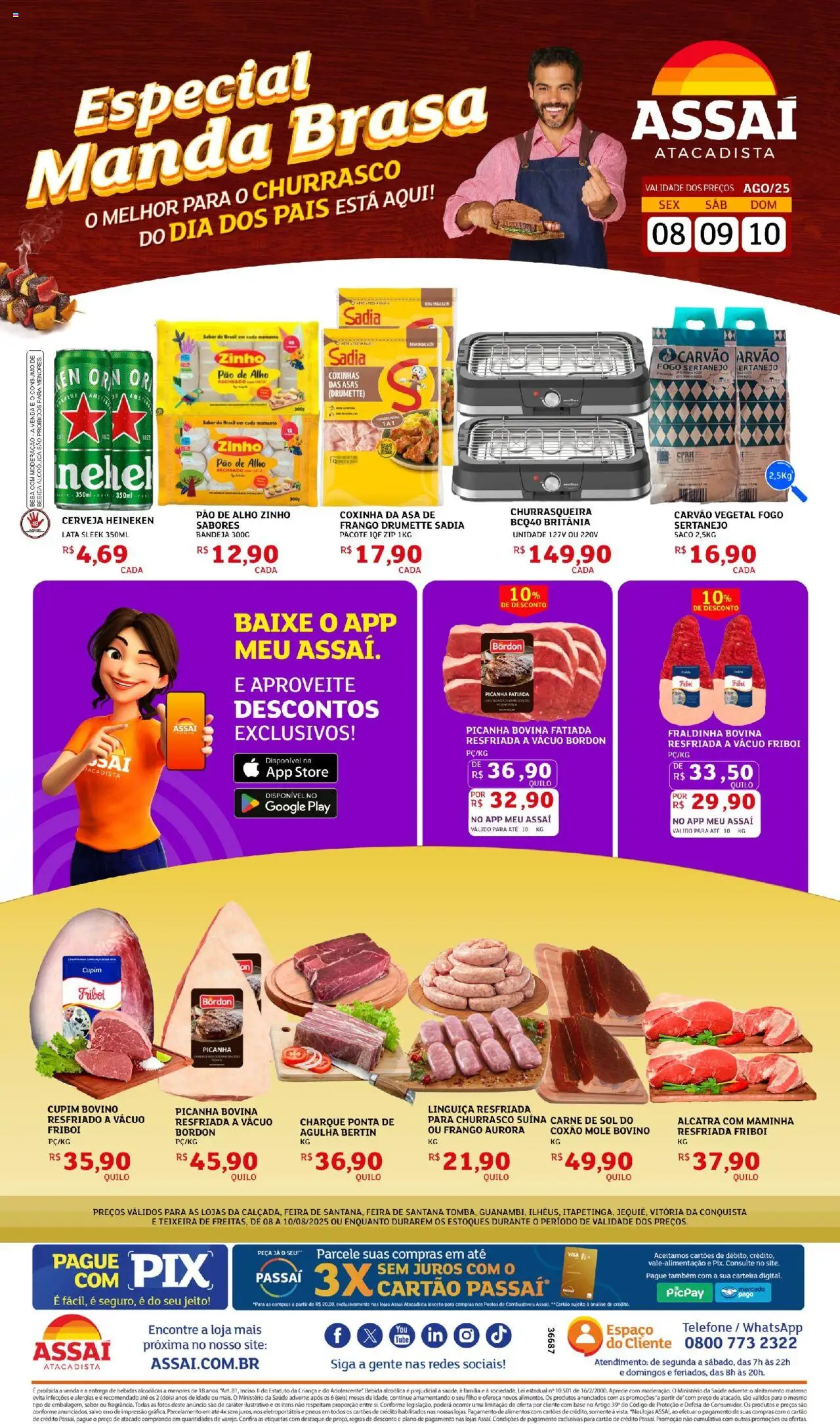 Assaí Atacadista folheto "Encarte - BA" válido a partir de 08/08/2025 - número de página 1 - Bebida, Cerveja Heineken, Carne, Pao de alho, Fraldinha, Alimentos, Carvão vegetal, Coxão mole