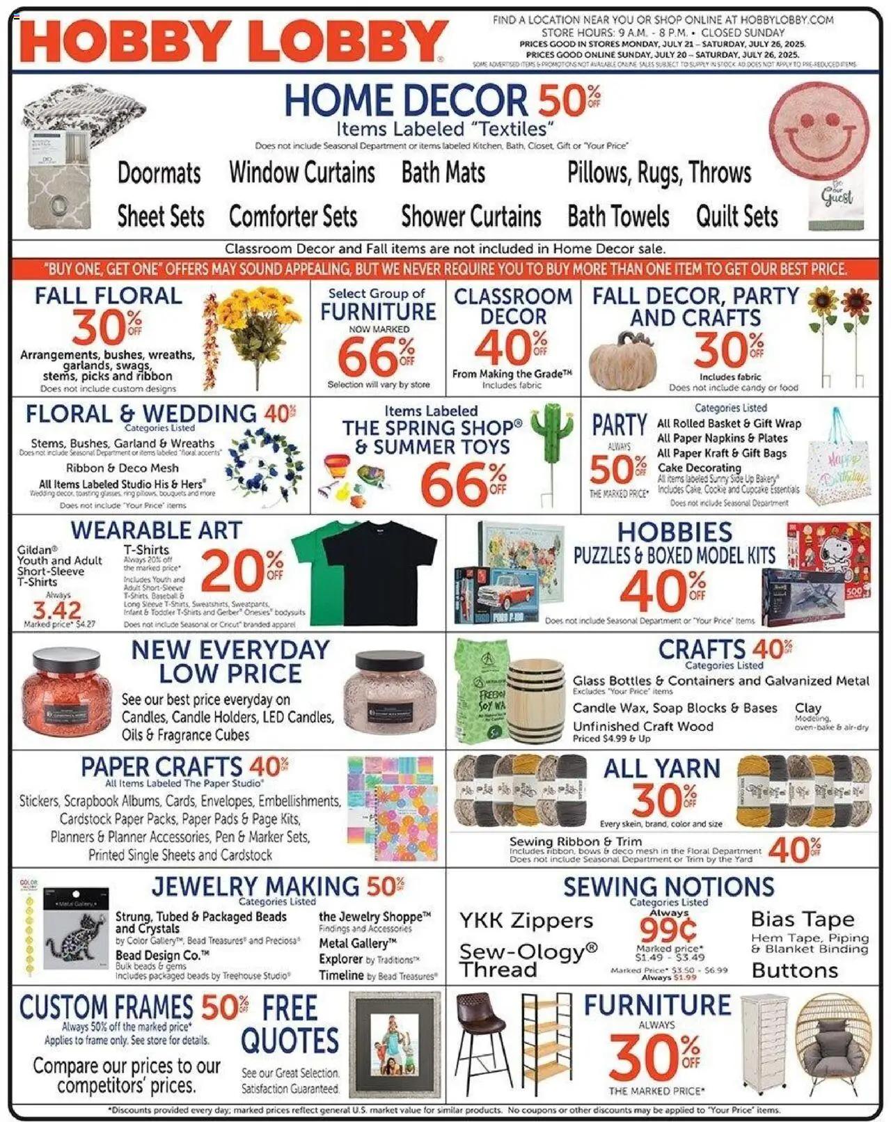 Hobby Lobby Weekly ad from 07/20/2025 - Sales ad this week - Page number 1 - Bakery, Toys, Shower, Quilt, Pen, Comforter, Bath, Model Kits