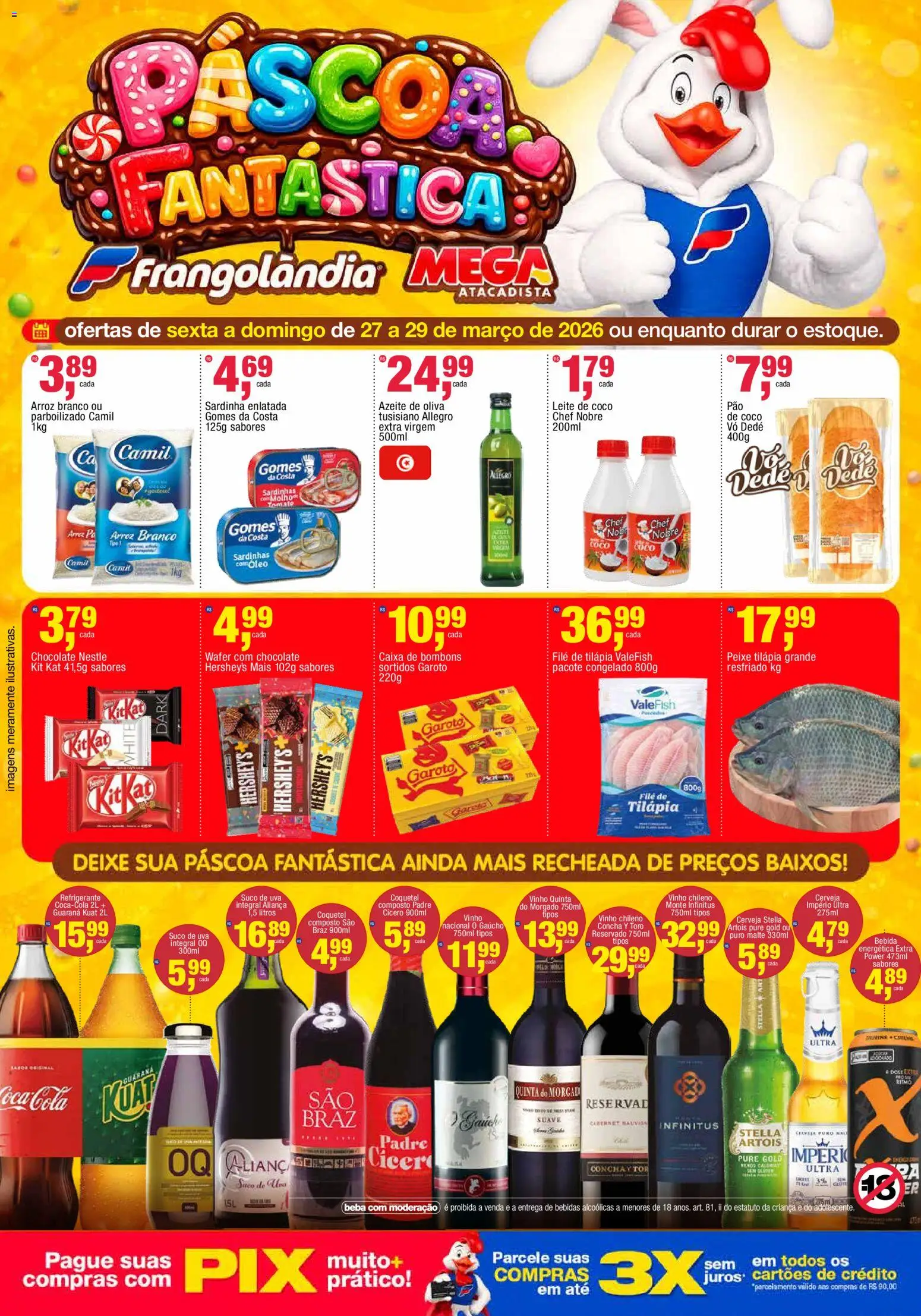 Pré-Visualização do folheto "Frangolândia ofertas Páscoa " da loja Frangolândia válido a partir de 27/03/2026 - Chocolate, Cerveja, Peixe, Kit Kat, Suco, Caixa de bombons, Sardinha, Guaraná