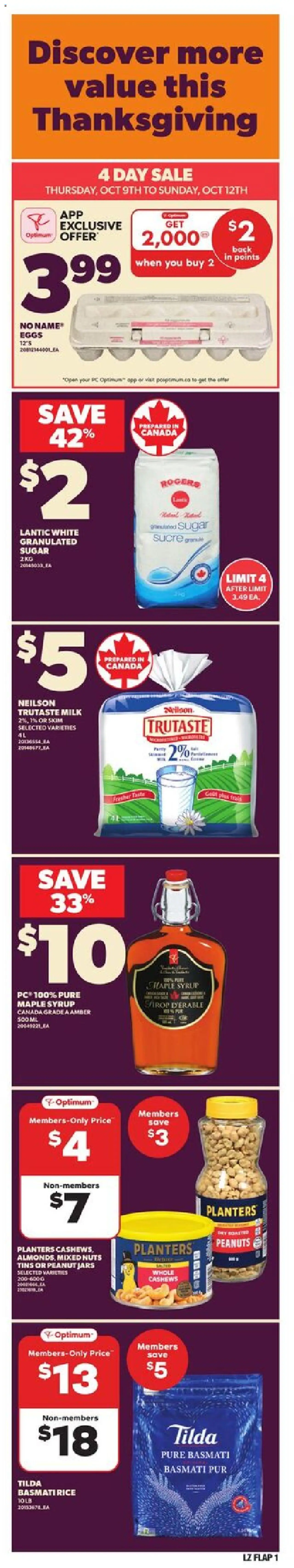 Preview of leaflet Weekly flyer / circulaire from shop Loblaws is valid from Oct 09, 2025 - PC, Eggs, Maple syrup, Rice, Nuts, Sugar, Basmati rice, Syrup