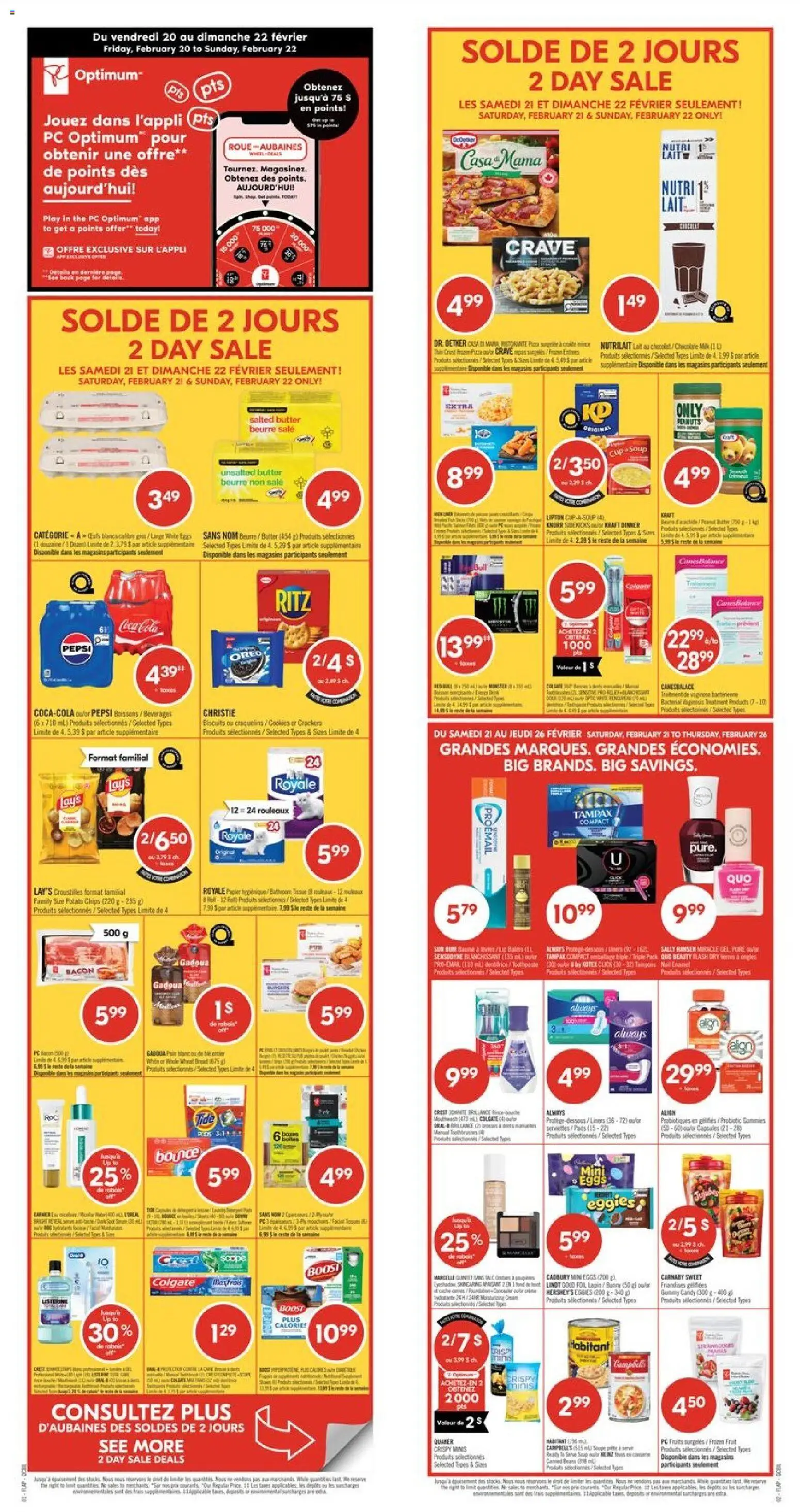 Preview of leaflet Weekly flyer / circulaire from shop Pharmaprix is valid from Feb 20, 2026 - Food, Chocolate, Fruit, PC, Eggs, Mouthwash, Biscuits, Frozen pizza
