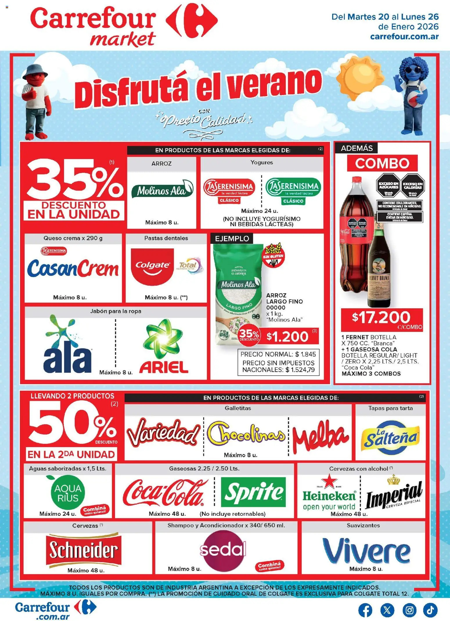 Vista previa del folleto de la tienda Carrefour Market válido desde el 20/01/2026 - Ropa, Fernet, Cerveza, Queso, Galletitas, Sprite, Acondicionador, Bebidas lácteas