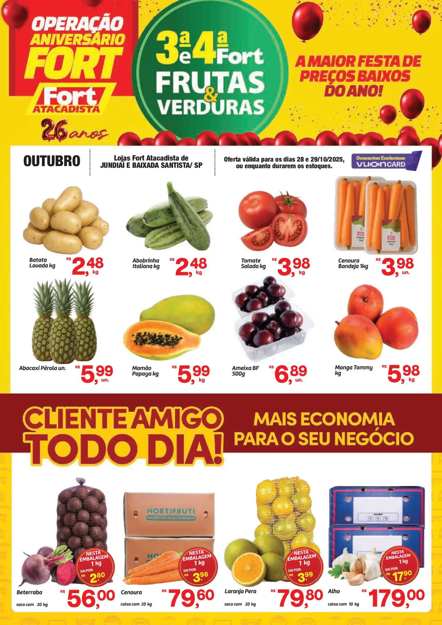 Pré-Visualização do folheto "Ofertas Frutas, Verduras" da loja Fort Atacadista válido a partir de 28/10/2025 - Caixa, Manga, Abacaxi, Ameixa, Pera, Cenoura, Alho, Mamão