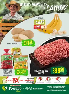 Vista previa las ofertas de la tienda Soriana - Martes y Miércoles del Campo Súper: Ags, Nay, Jal, Qro, Col, Mich, Gto, Hgo, Tlax, Mor, Pue, Gro, Oax, Edo. de Mex, Valle de México, Zac desde el 13/01/2026 