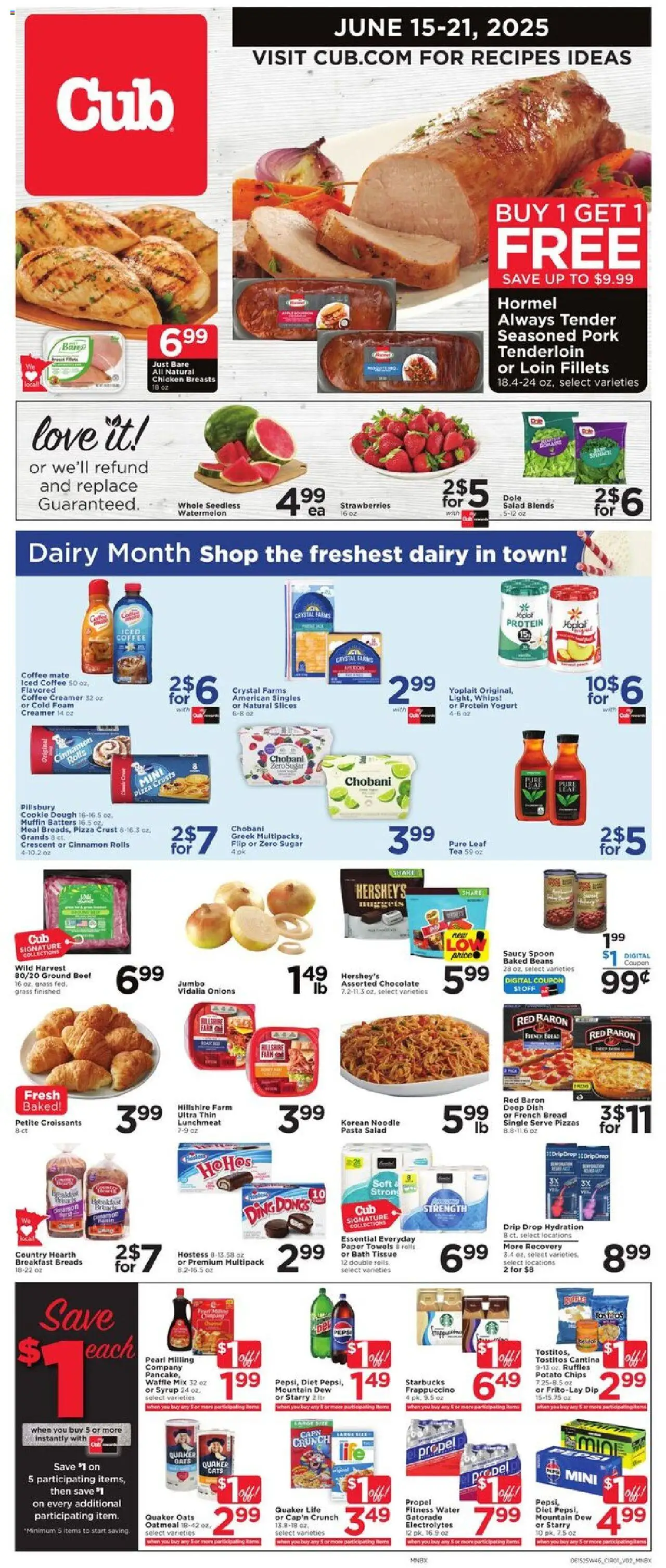 Cub Foods Weekly Ad from 06/15/2025 - Flyer - Page number 1 - Potato chips, Coffee, Pasta, Chips, Protein yogurt, Salad, Dough, Beans