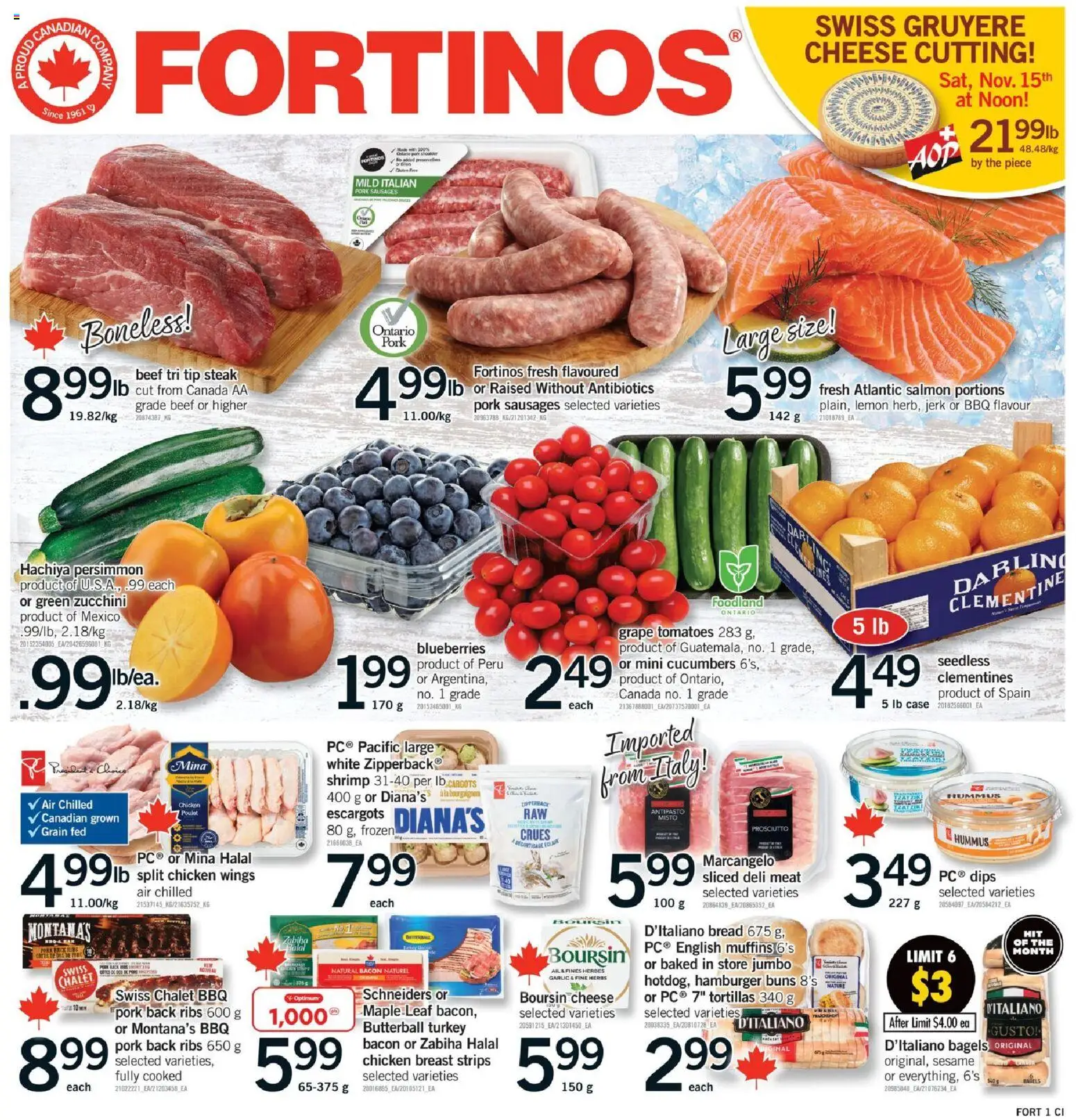 Preview of leaflet Hamilton from shop Fortinos is valid from Nov 13, 2025 - Turkey, Zucchini, Persimmon, Hummus, Tortillas, Sausages, Chicken breast, Strips