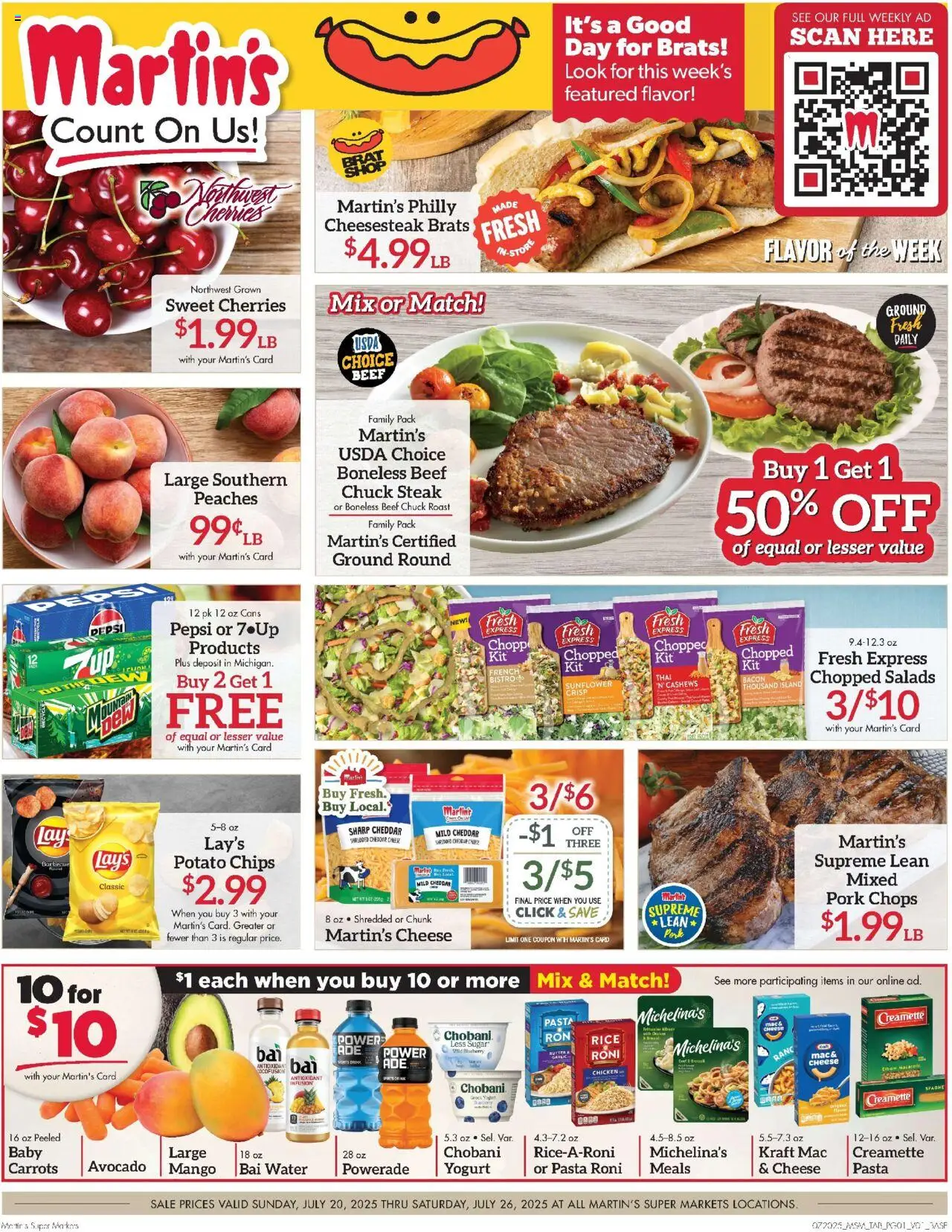 Martin’s Weekly Ad from 07/20/2025 - Flyer - Page number 1 - Pasta, Steak, Cheese, Avocado, Peaches, Rice, Bacon, Fusion