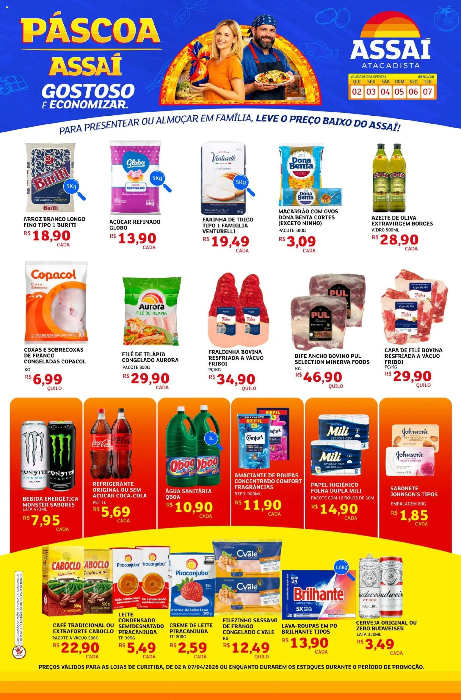 Pré-Visualização do folheto "Assaí Atacadista ofertas - PR" da loja Assaí Atacadista válido a partir de 02/04/2026 - Leite condensado, Bebida, Azeite, Açúcar, Creme de leite, Pó, Amaciante de roupas, Bebida energética
