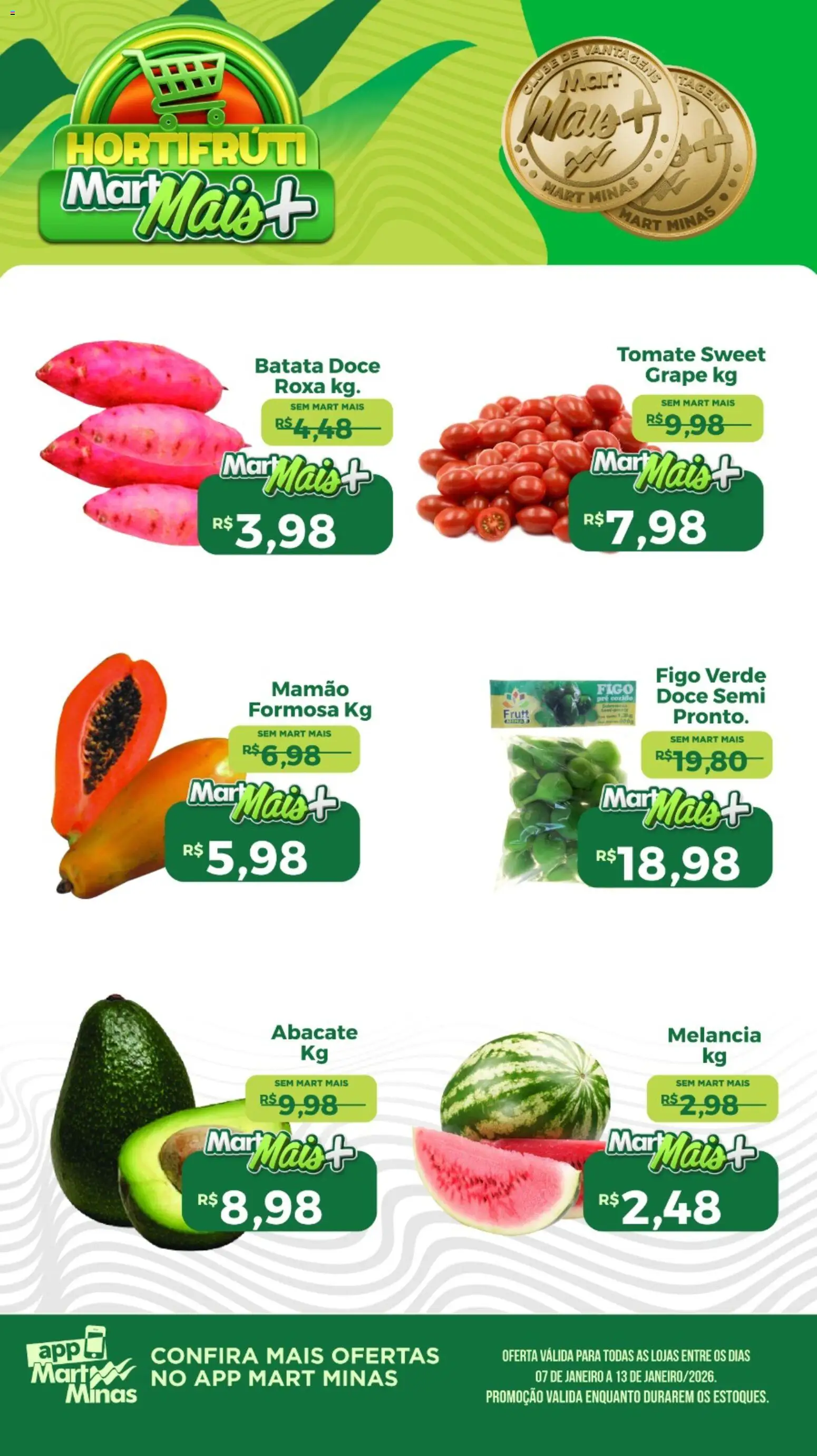 Pré-Visualização do folheto "Ofertas Hortifruti" da loja Mart Minas válido a partir de 07/01/2026 - Melancia, Doce, Batata, Tomate, Abacate, Figo, Mamão