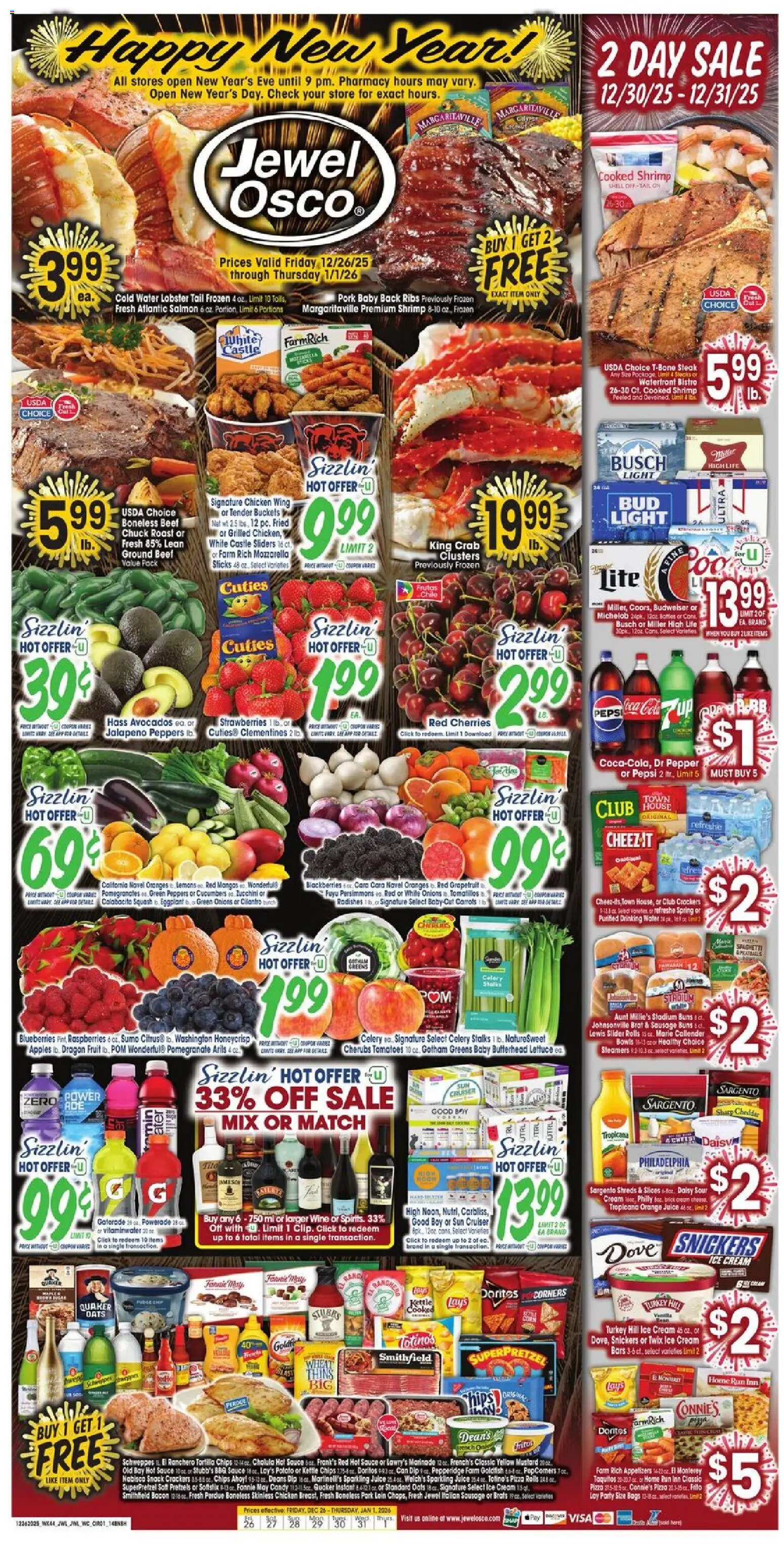Ad Preview of Jewel Osco Weekly Ad from 12/26/2025 - Water, Greens, Tomatoes, Pepsi, Mozzarella, Orange juice, Sour cream, Kettle