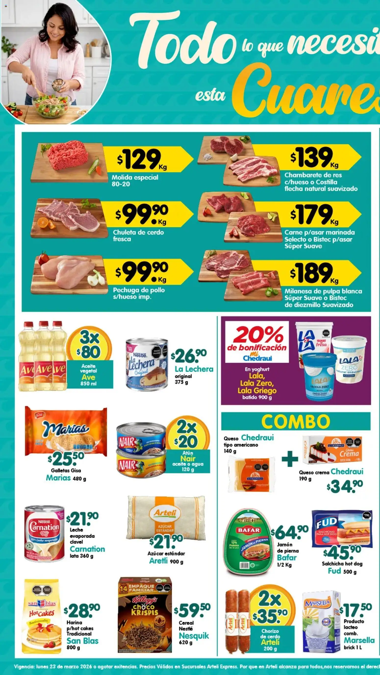 Vista previa las ofertas de la tienda Arteli - Arteli folleto Express desde el 23/03/2026 - Proteína, Leche, Crema, Aceite, Harina, Res, Chuleta, Chambarete de res