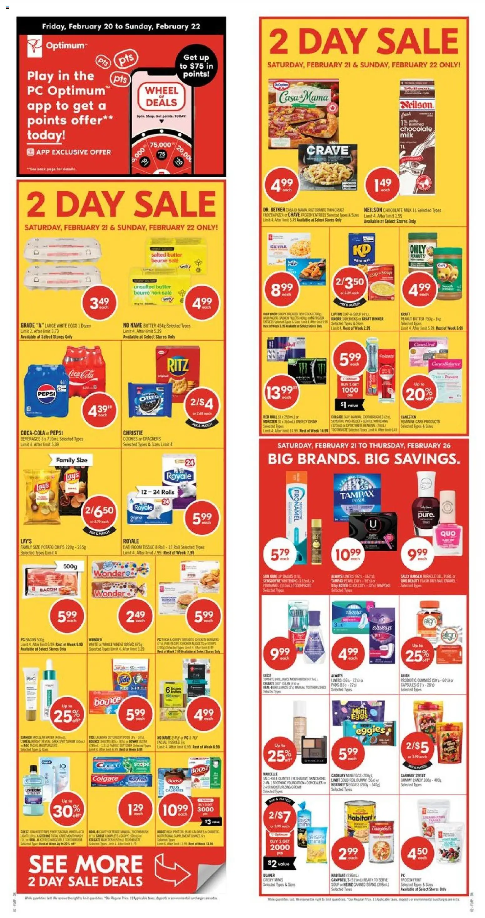 Preview of leaflet Weekly flyer / circulaire from shop Shoppers is valid from Feb 20, 2026 - Lindt, Red Bull, Butter, Peanuts, Crackers, Concealer, Tissues, Frozen fruit