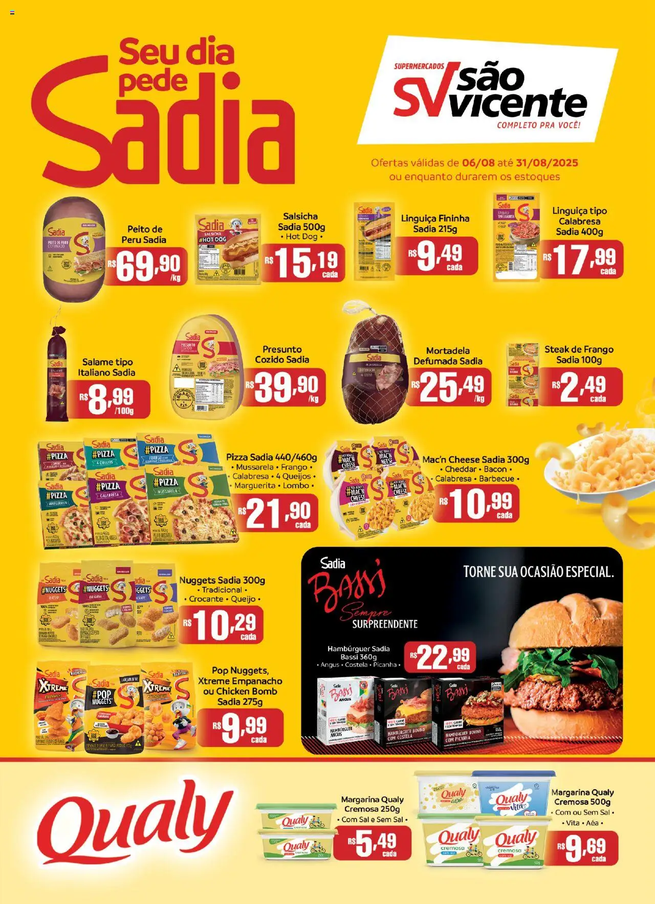 Supermercados São Vicente folheto "Ofertas BRF" válido a partir de 06/08/2025 - número de página 1 - Pizza, Hambúrguer, Peru, Sal, Salsicha, Picanha, Linguiça, Margarina