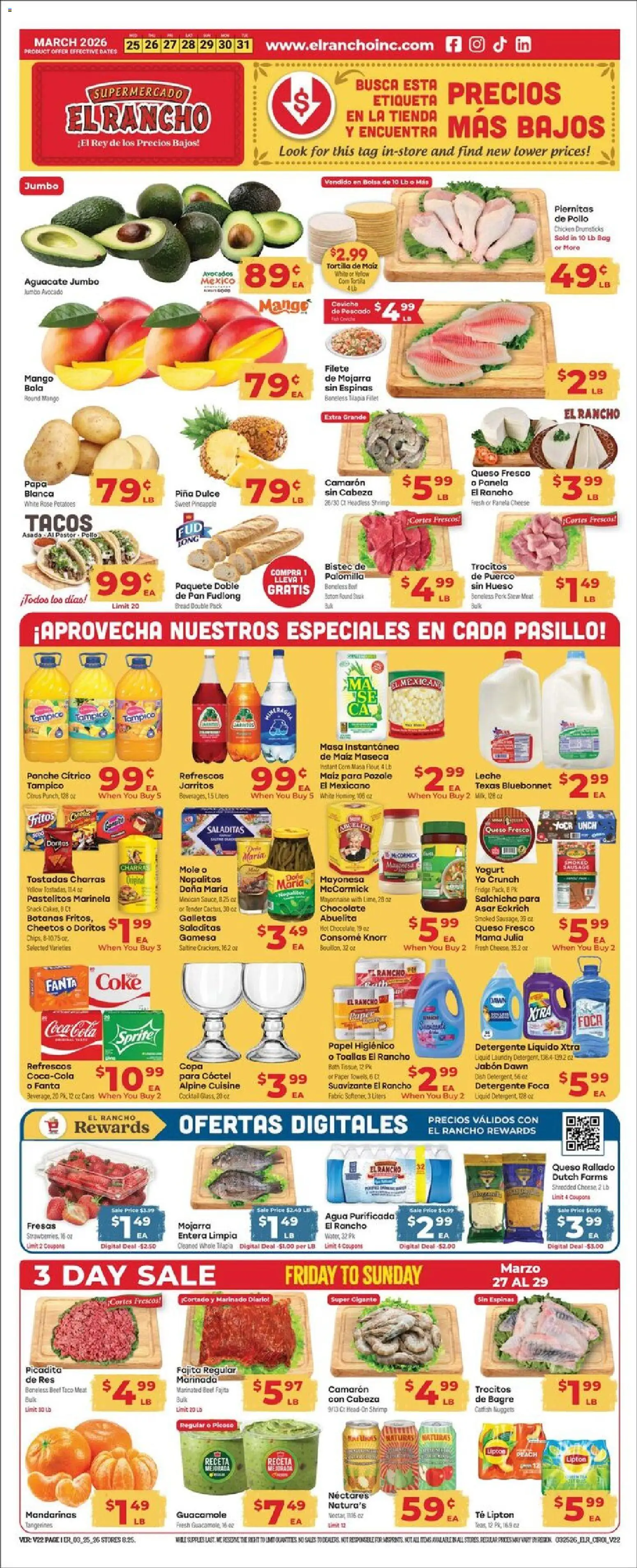 Ad Preview of El Rancho El Rancho Weekly Ad from 03/25/2026 - Chocolate, Cheese, Avocado, Peach, Tilapia, Beef, Tangerines, Drumsticks