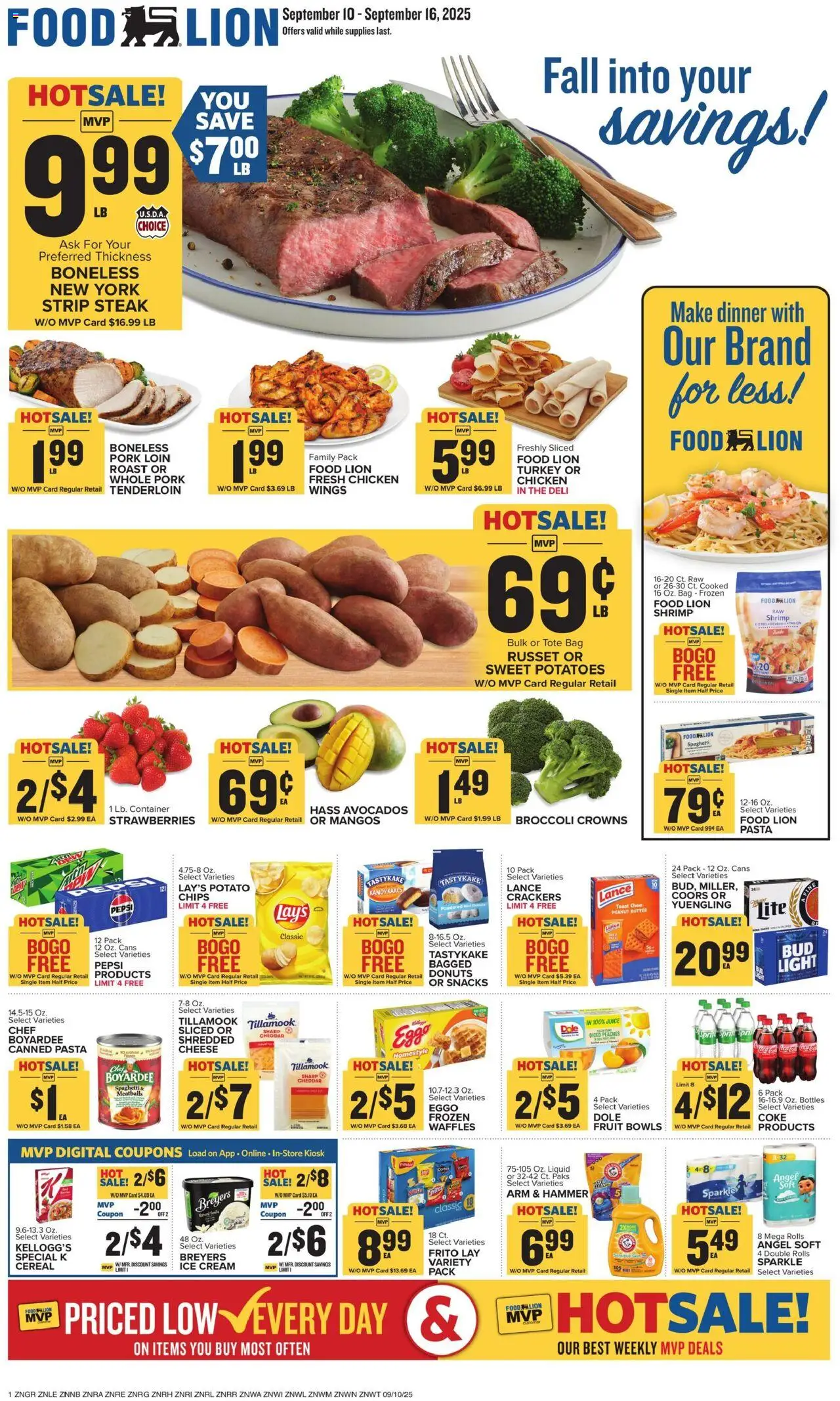 Ad Preview of Food Lion Weekly Ad from 09/10/2025 - Cheese, Spaghetti, Peaches, Juice, Sweet potatoes, Hammer, Cream, Chicken