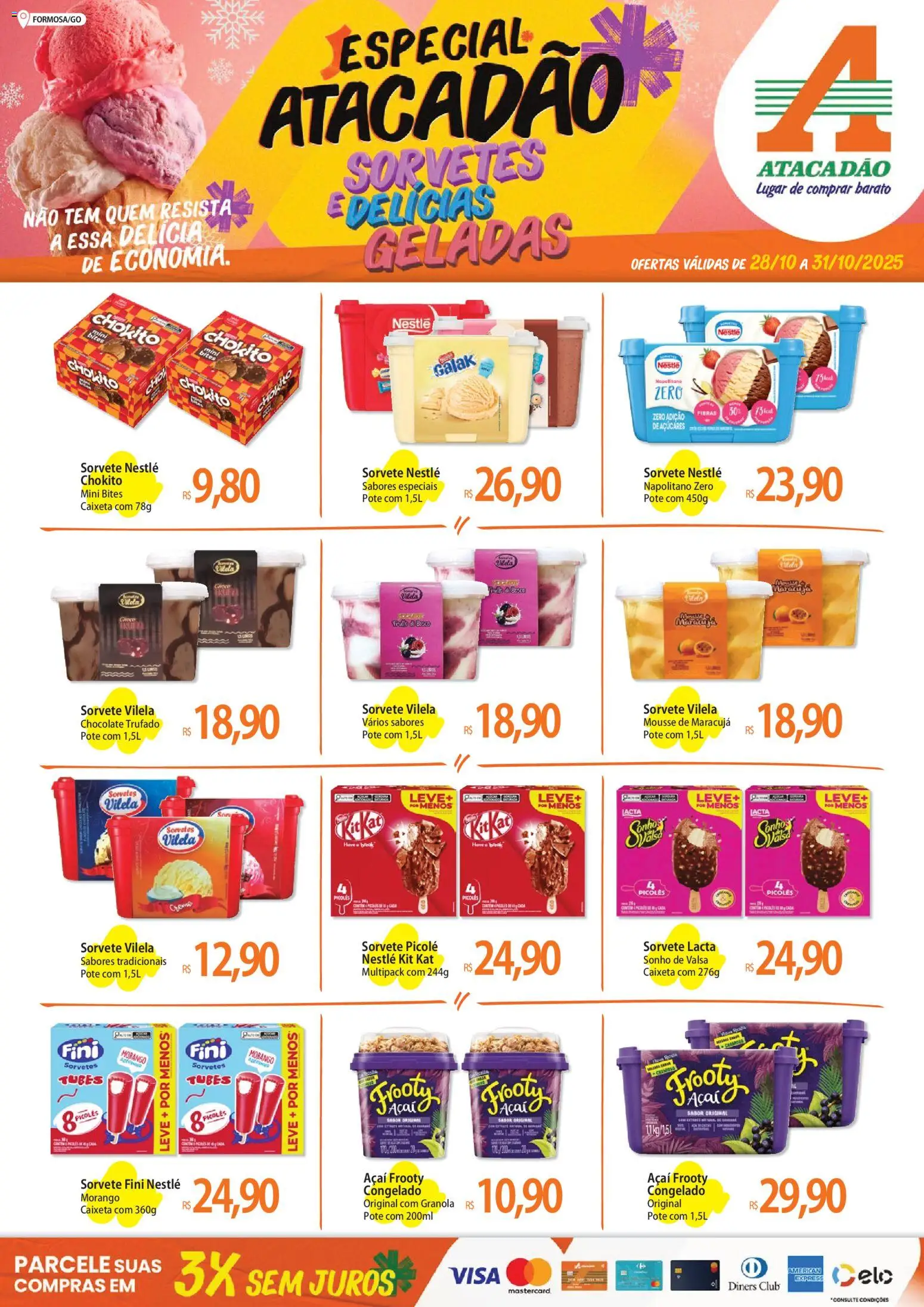 Pré-Visualização do folheto "Ofertas - GO" da loja Atacadão válido a partir de 28/10/2025 - Sorvete, Açaí, Chocolate, Sonho, Maracujá, Granola, Mousse, Picolé