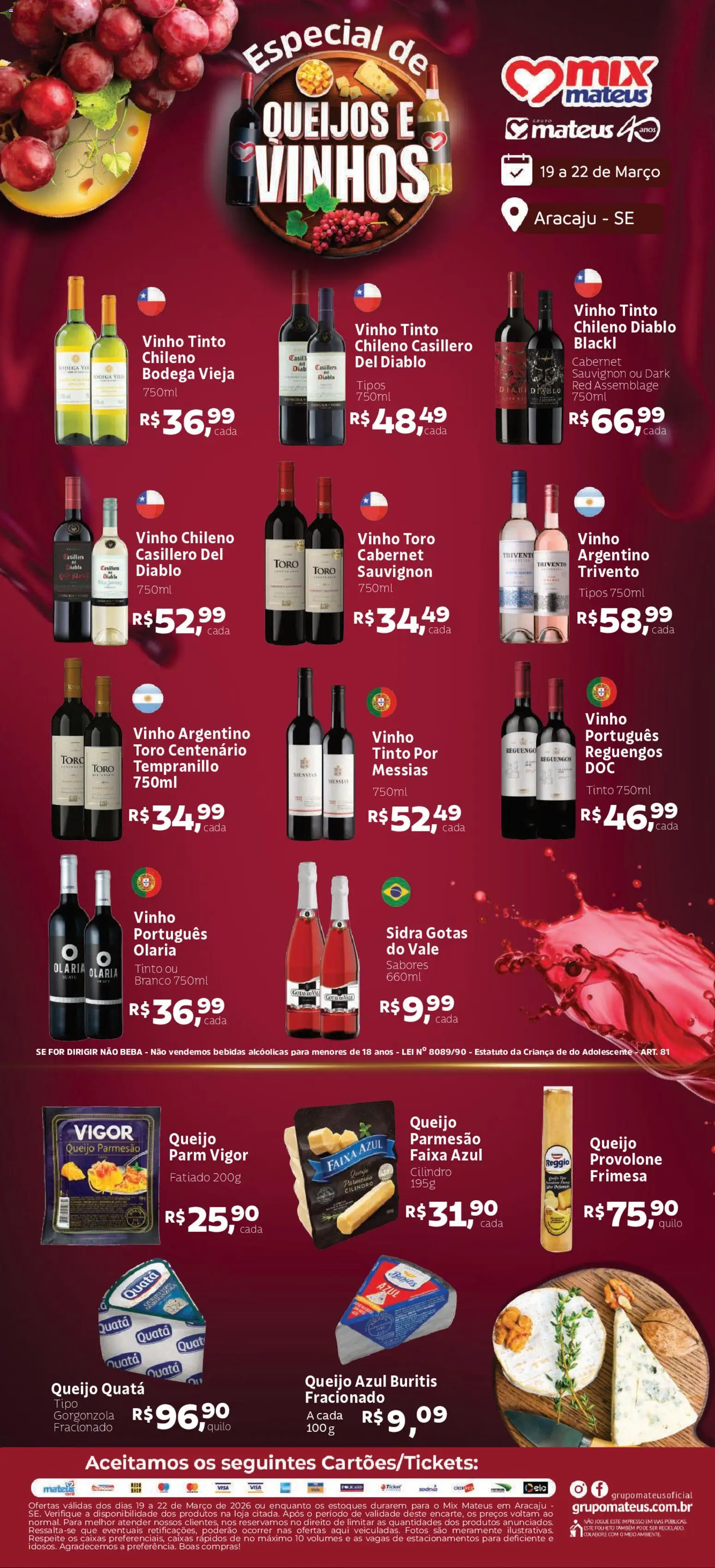 Pré-Visualização do folheto "Mateus ofertas Queijo e Vinhos" da loja Mateus válido a partir de 19/03/2026 - Vinho, Bebidas, Queijo, Provolone, Queijo parmesão, Vinho tinto, Parmesão, Sidra