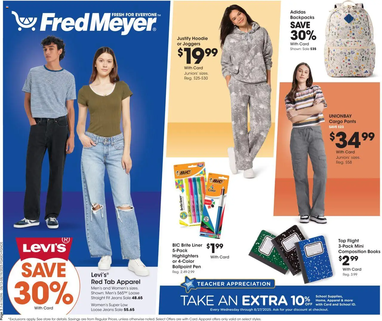 Fred Meyer Home & Apparel from 08/13/2025 - Flyer - Page number 1 - Books, Hoodie, Jeans, Pen, Pants