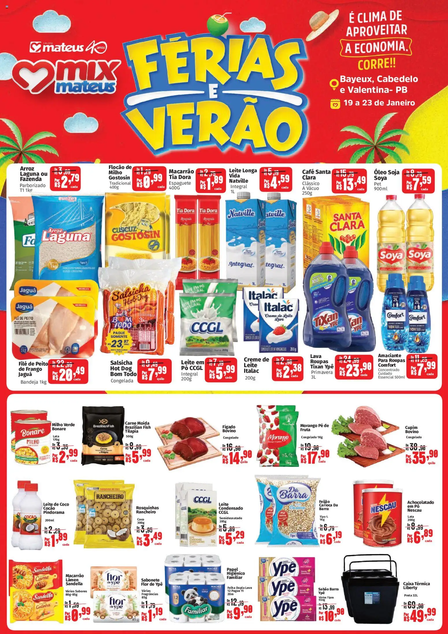 Pré-Visualização do folheto "Ofertas Ferias e Verão" da loja Mateus válido a partir de 19/01/2026 - Óleo, Sabonete, Creme de leite, Carne moída, Pó, Bandeja, Leite de coco, Tilápia
