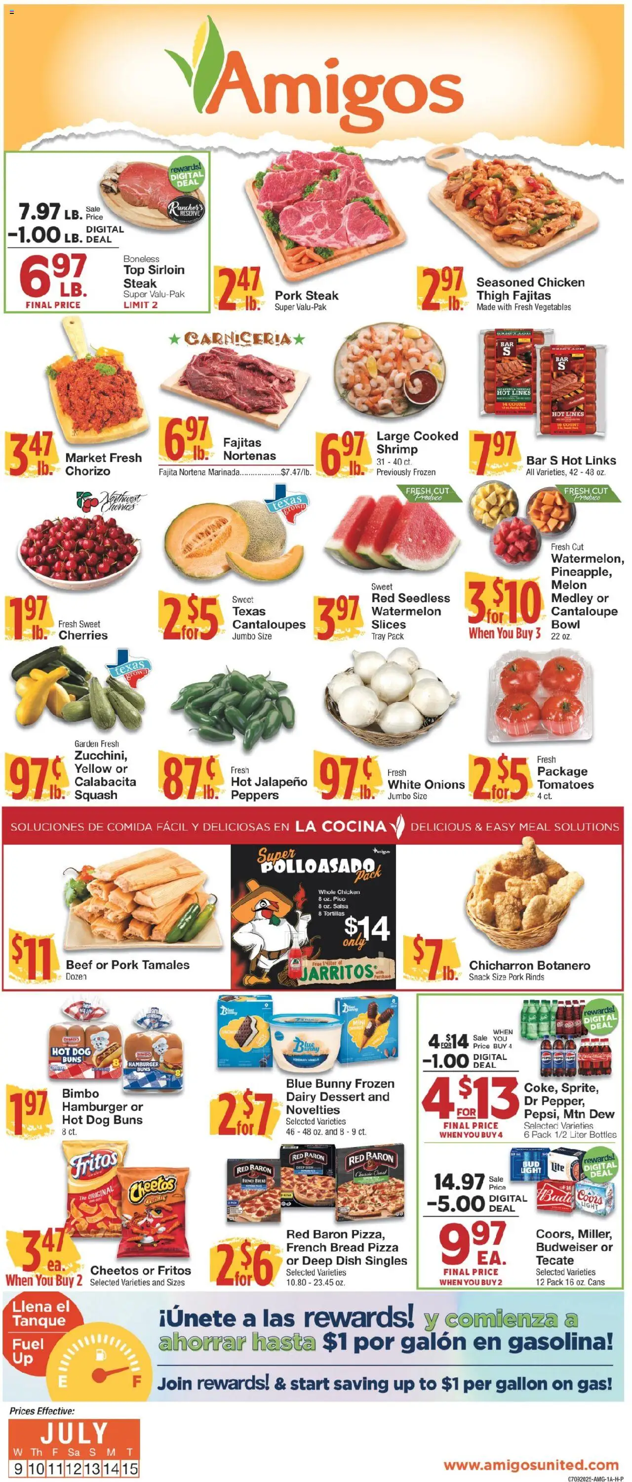 United Supermarkets Ad from 07/08/2025 - Flyer - Page number 1 - Shrimp, Chicken, Hamburger, Pork, Vegetables, Tortillas, Melon, Steak