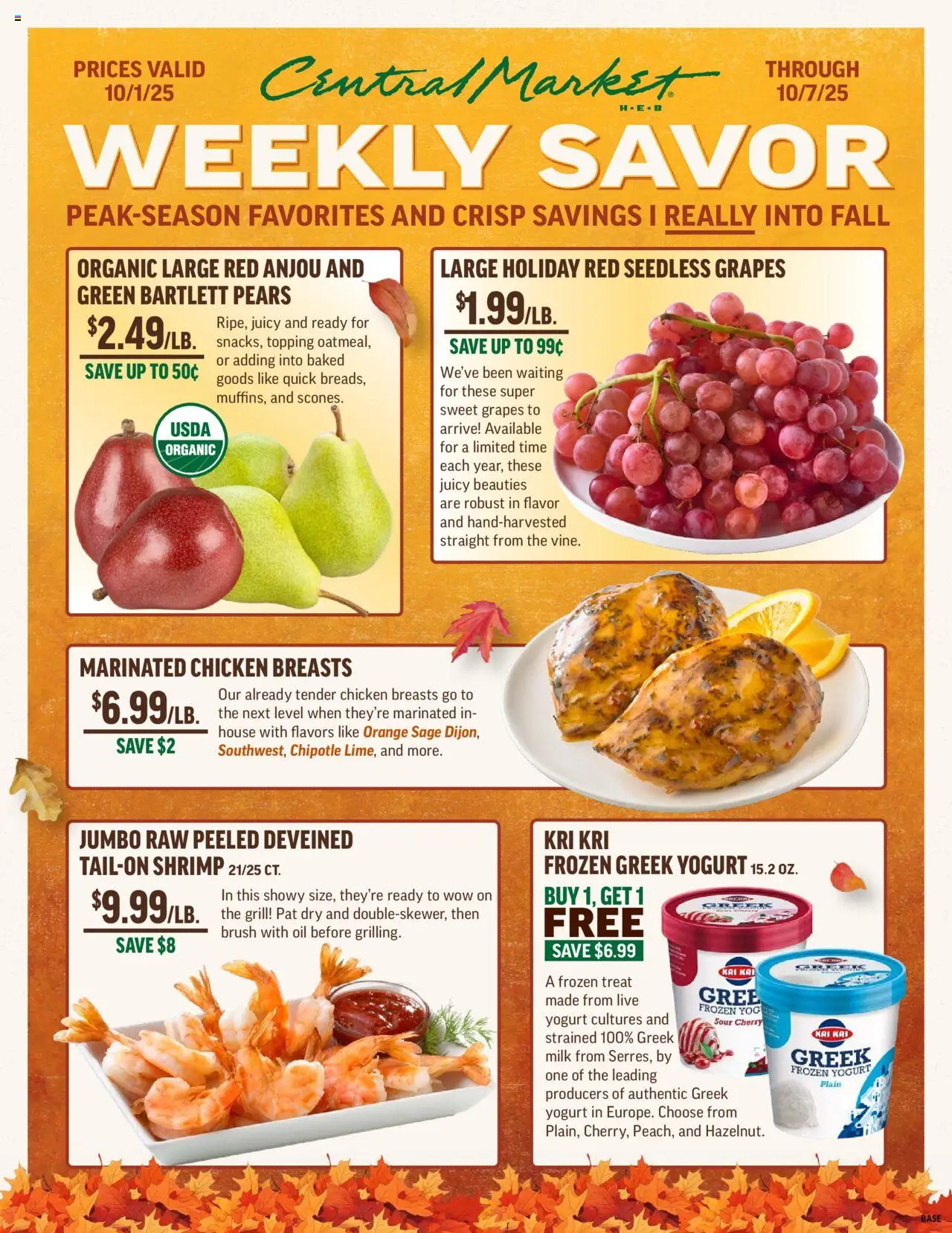 Central Market Weekly Ad from 10/01/2025 - Flyer - Page number 1 - Grill, Yogurt, Oil, Grapes, Greek yogurt, Chicken breasts, Pears, Plain yogurt