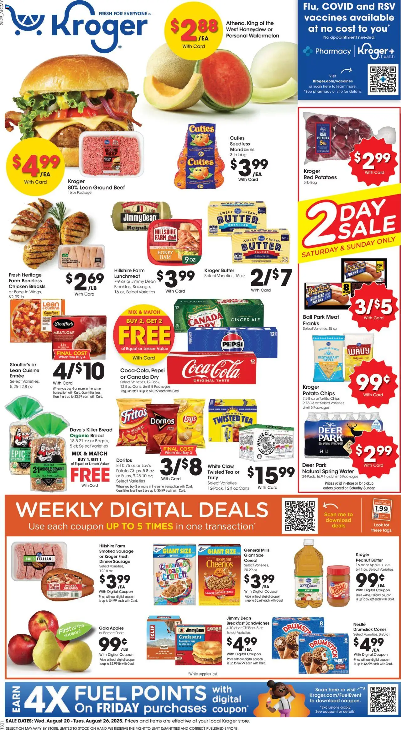 Kroger Weekly ads from 08/20/2025 >> Ad for next week - Page number 1 - Apples, Chips, Cheese, Protein, Beef, Chicken breasts, Spring water, Iced tea