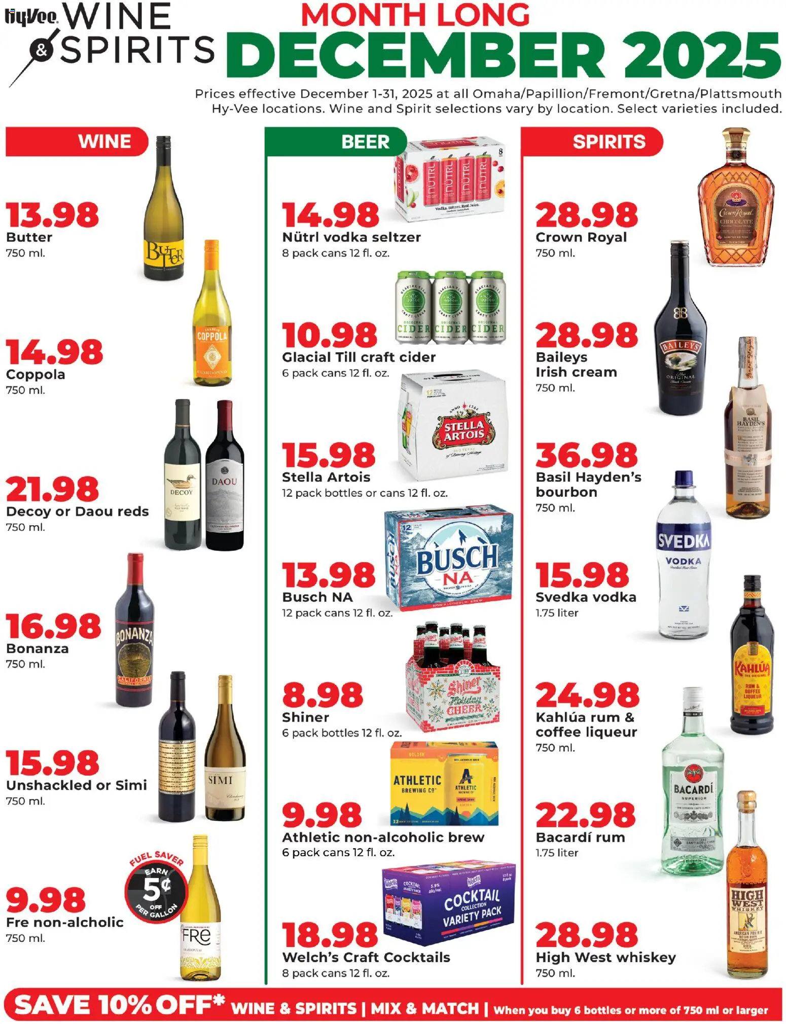 Ad Preview of HyVee Wine & Spirits Monthlong from 12/01/2025 - Coffee, Beer, Wine, Cocktails, Bourbon, Whiskey, Baileys, Vest
