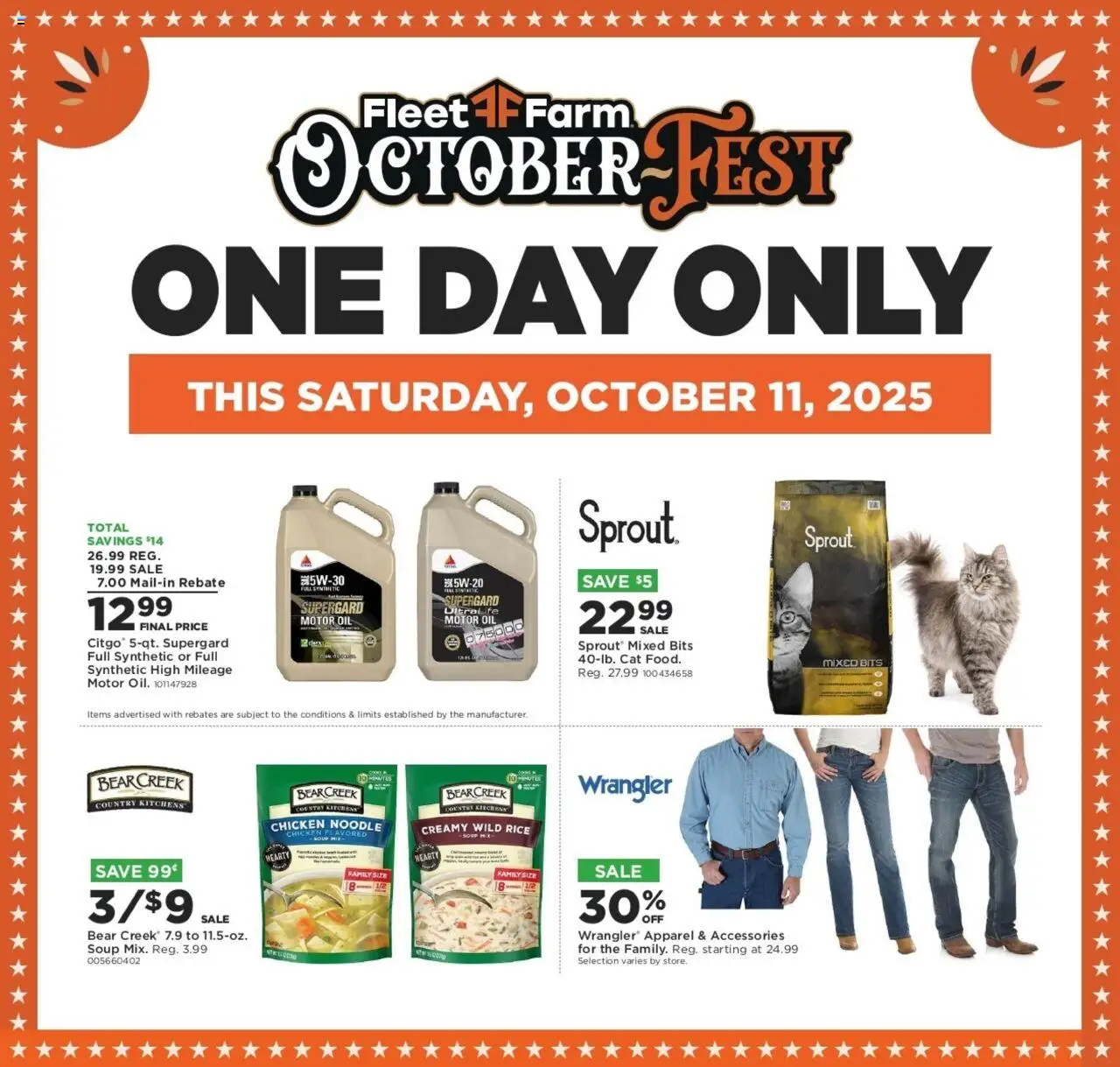 Mills Fleet Farm Octoberfest Saturday Only Deals from 10/09/2025 - Flyer - Page number 1 - Rice, Oil, Motor Oil, Chicken