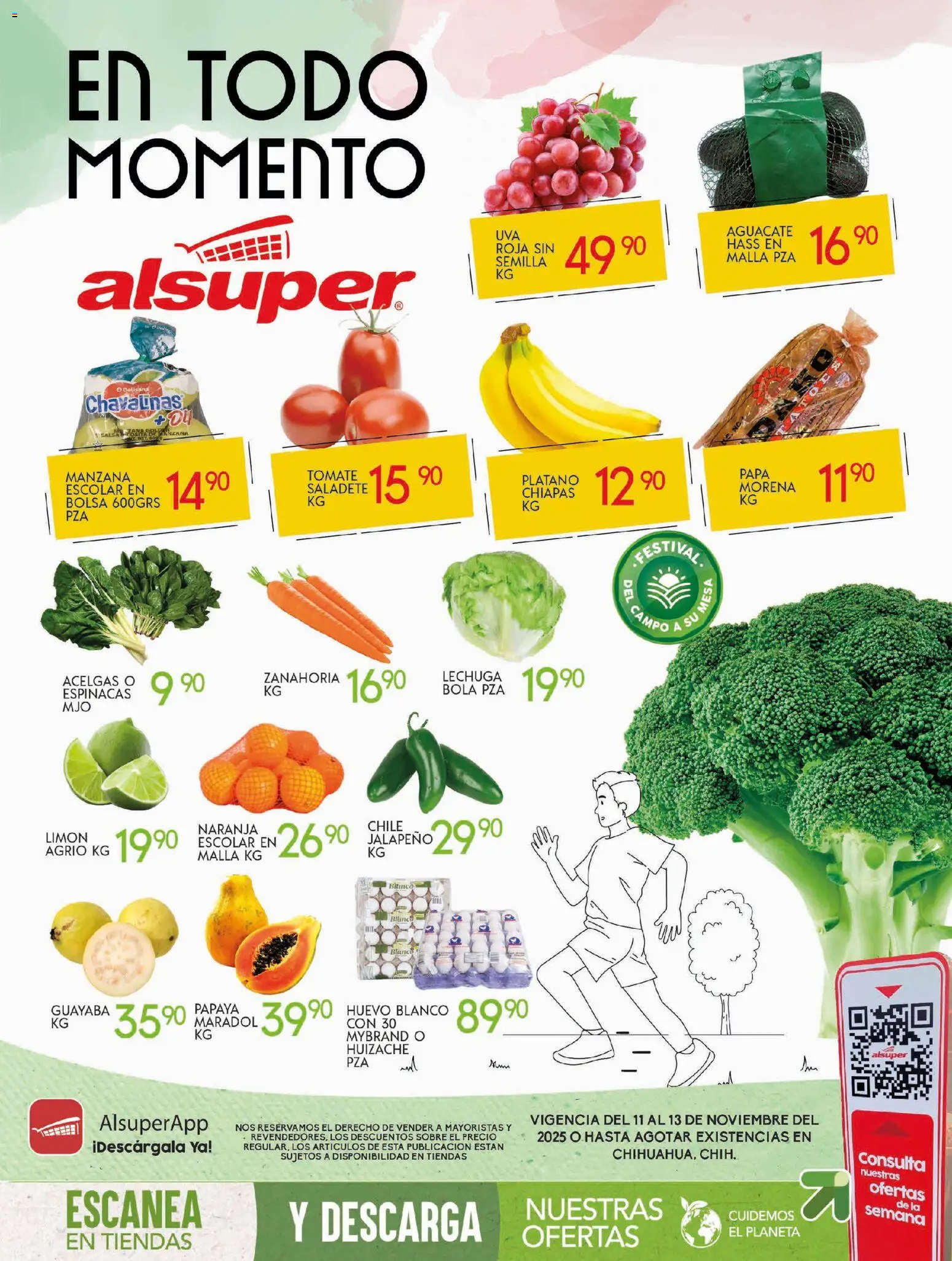 Vista previa las ofertas de la tienda Alsuper - Folleto desde el 11/11/2025 - Papa, Espinacas, Huevo, Uva, Zanahoria, Lechuga, Sobre, Malla