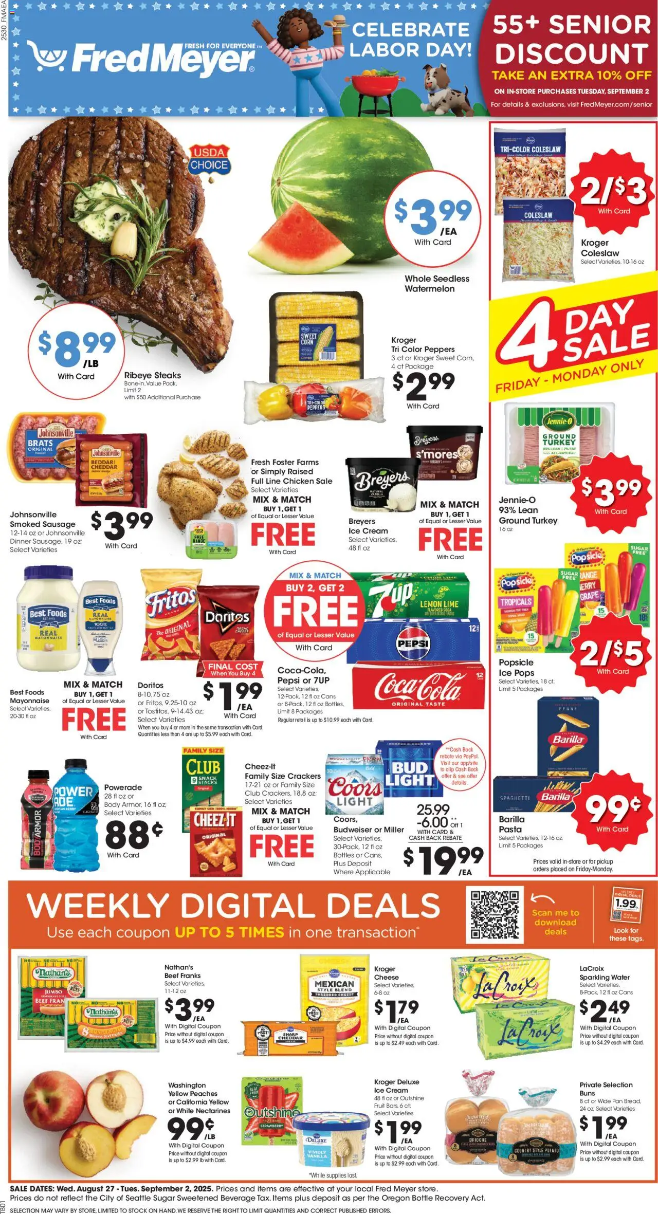 Fred Meyer Weekly Ad from 08/27/2025 - Flyer - Page number 1 - Turkey, Peppers, Crackers, Cream, Nectarines, Mayonnaise, Brioche, Ground turkey
