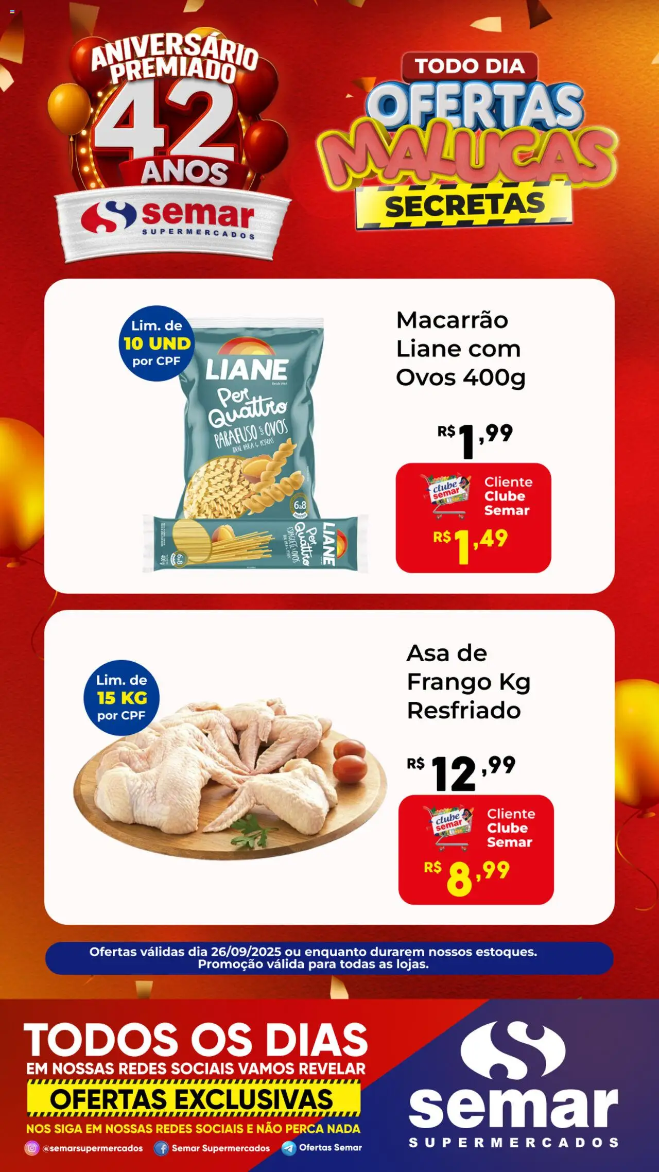 Semar Supermercado folheto "Ofertas Malucas" válido a partir de 26/09/2025 - número de página 1 - Macarrão, Ovos, Frango, Espaguete, Perca