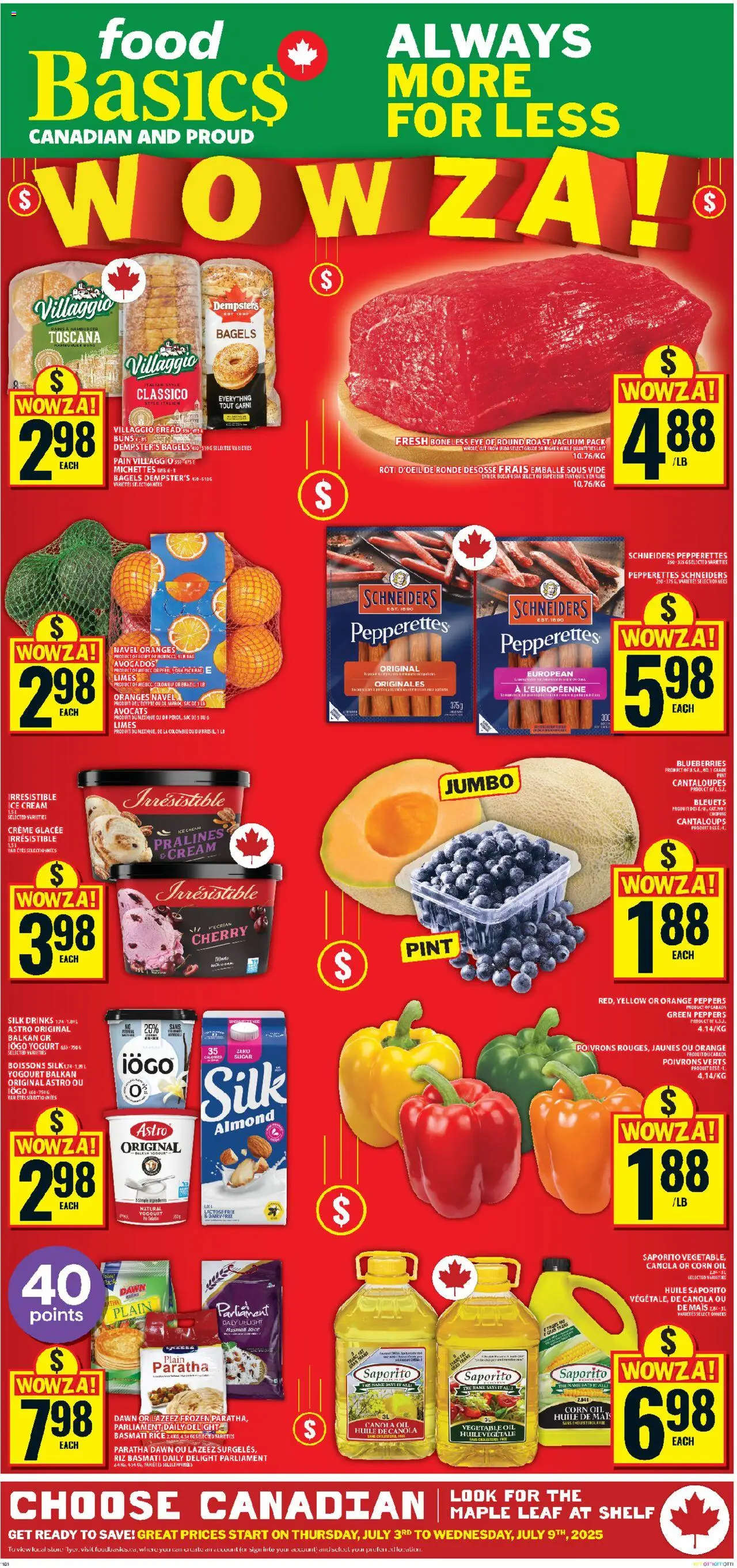 Food Basics flyer valid from Jul 03, 2025 - page number 1 - Boissons, Sac, Riz basmati, Riz, Crème, Rôti, Huile de canola, Thé
