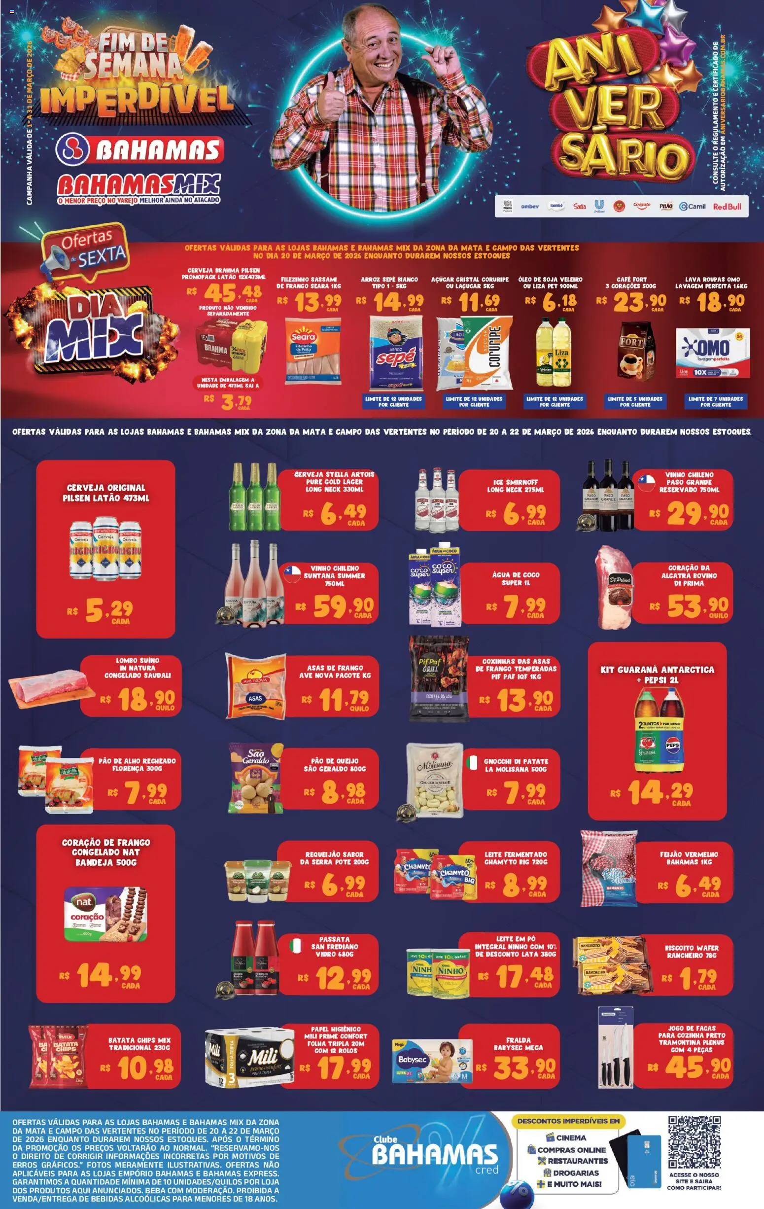Pré-Visualização do folheto "Bahamas Supermercados ofertas Fim de Semana Imperdível" da loja Bahamas Supermercados válido a partir de 20/03/2026 - Café, Roupas, Bebidas, Pão, Feijão, Leite em pó, Coração de frango, Facas