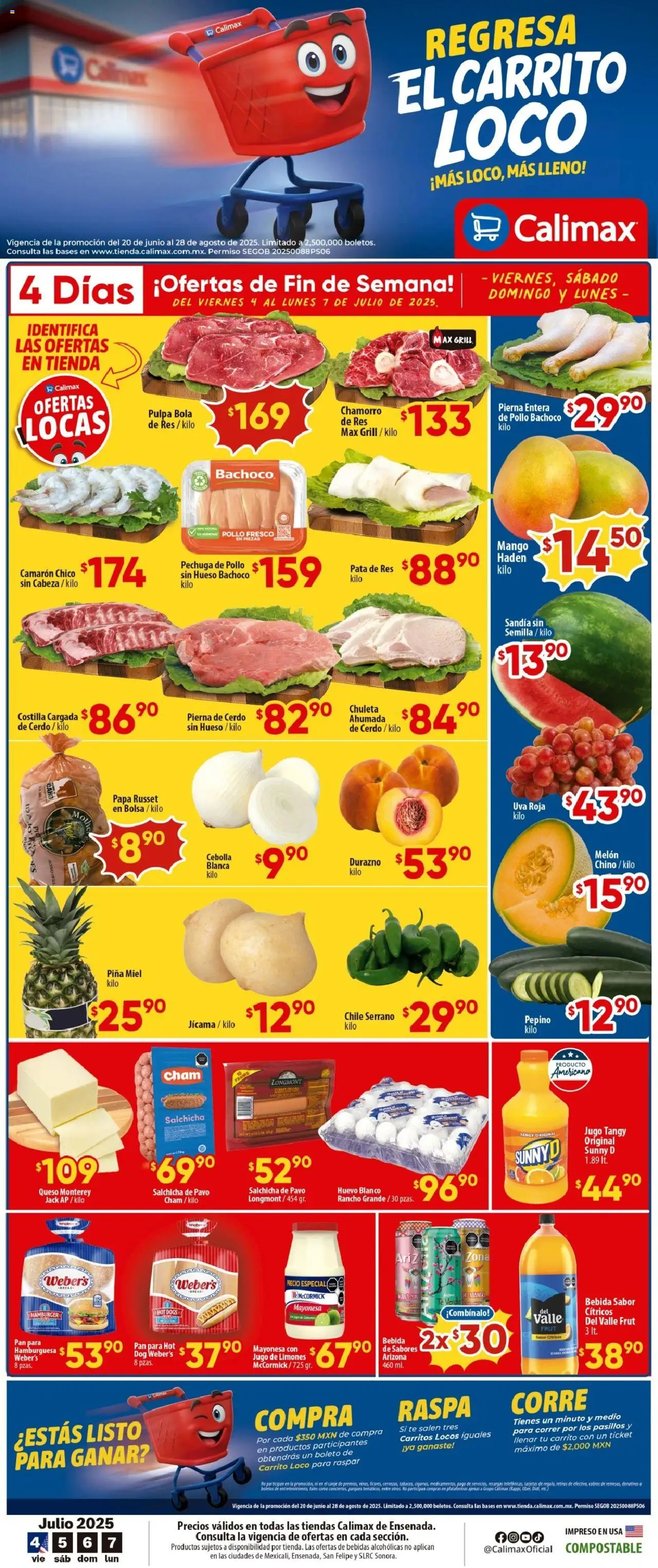Folleto Ensenada Calimax y sus promociones válidas desde el 04/07/2025 - Número de página 1 - Pollo, Papa, Chamorro, Melón, Pan, Cítricos, Pavo, Bebidas