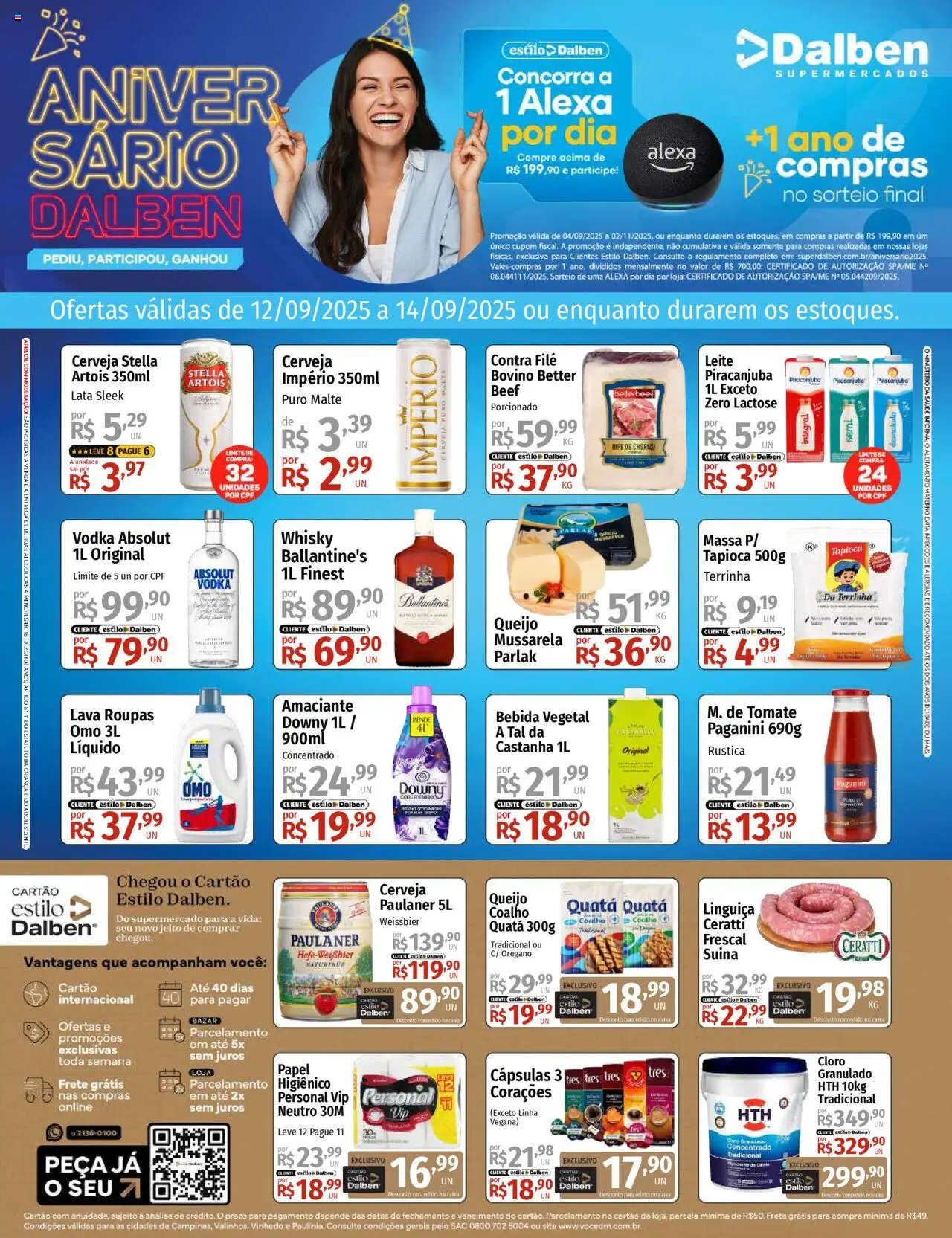 Supermercado Dalben folheto "Ofertas Fim de Semana" válido a partir de 12/09/2025 - número de página 1 - Cerveja, Roupas, Vodka, Bebida, Mussarela, Amaciante, Vodka Absolut, Orégano