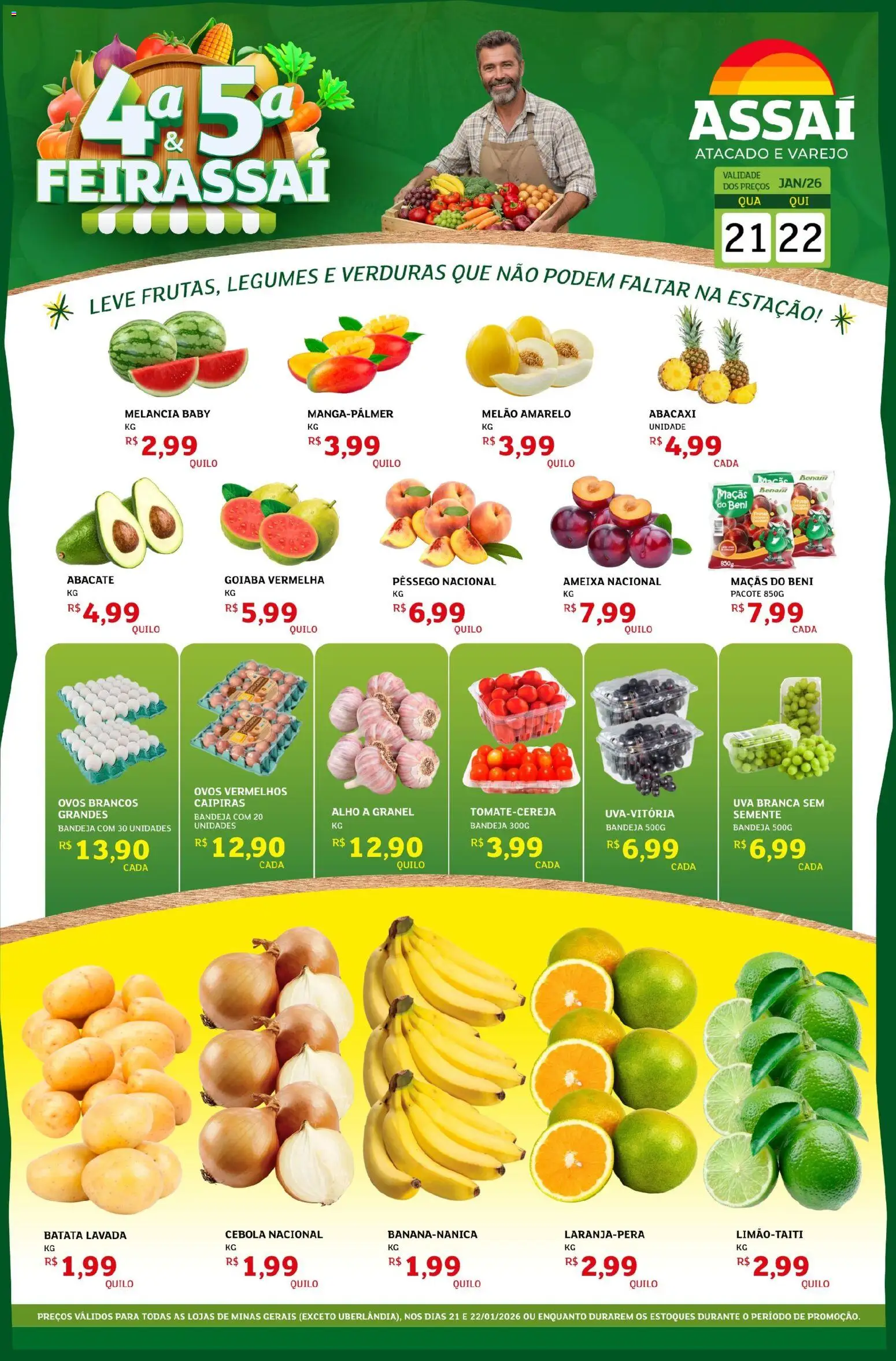 Pré-Visualização do folheto "Encarte - MG" da loja Assaí Atacadista válido a partir de 21/01/2026 - Uva, Ovos, Abacaxi, Legumes, Ameixa, Pêssego, Cebola, Melão