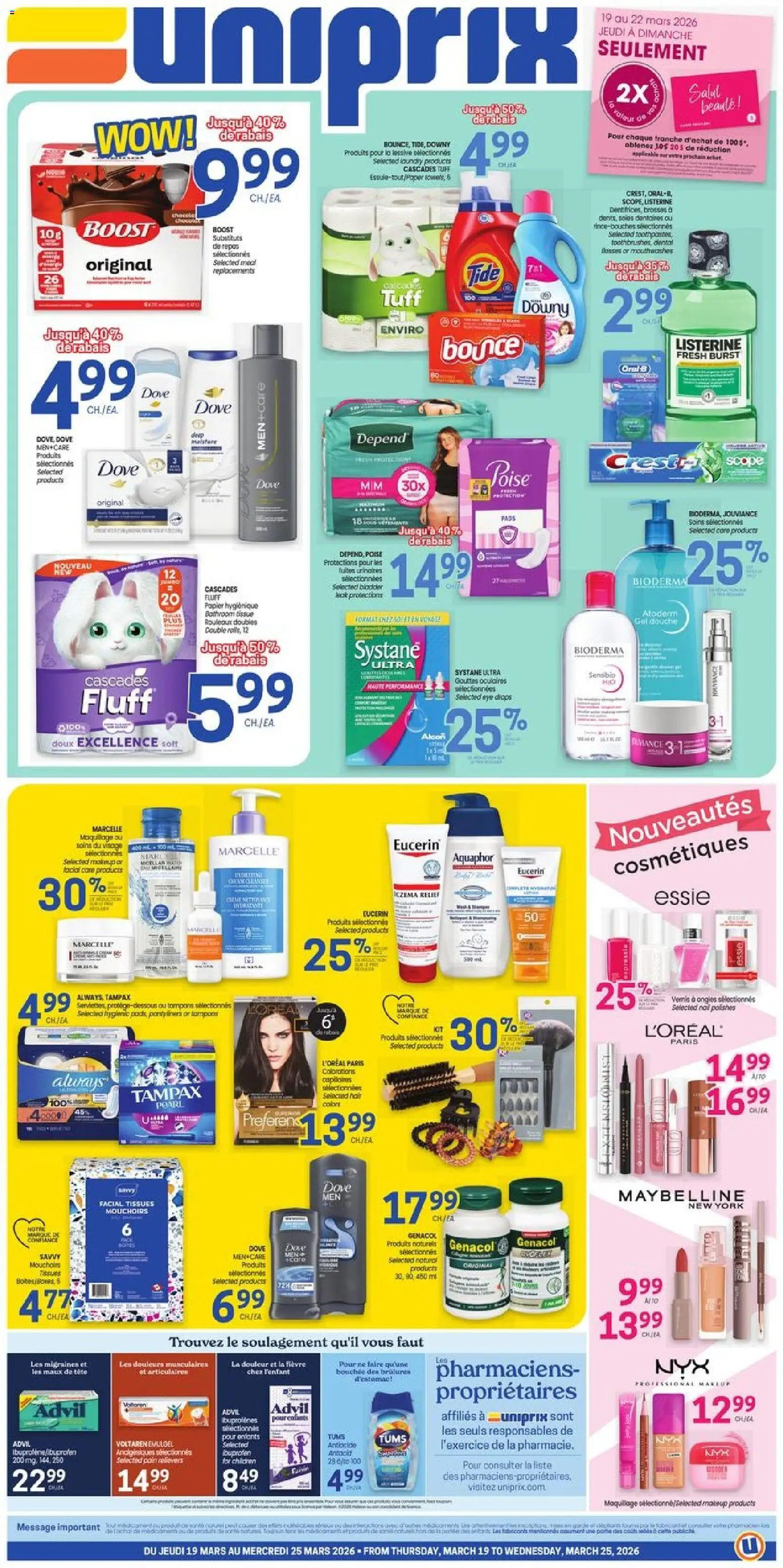 Preview of leaflet Uniprix weekly flyer / circulaire from shop Uniprix is valid from Mar 19, 2026 - Tampons, Eye drops, Listerine, Tissues