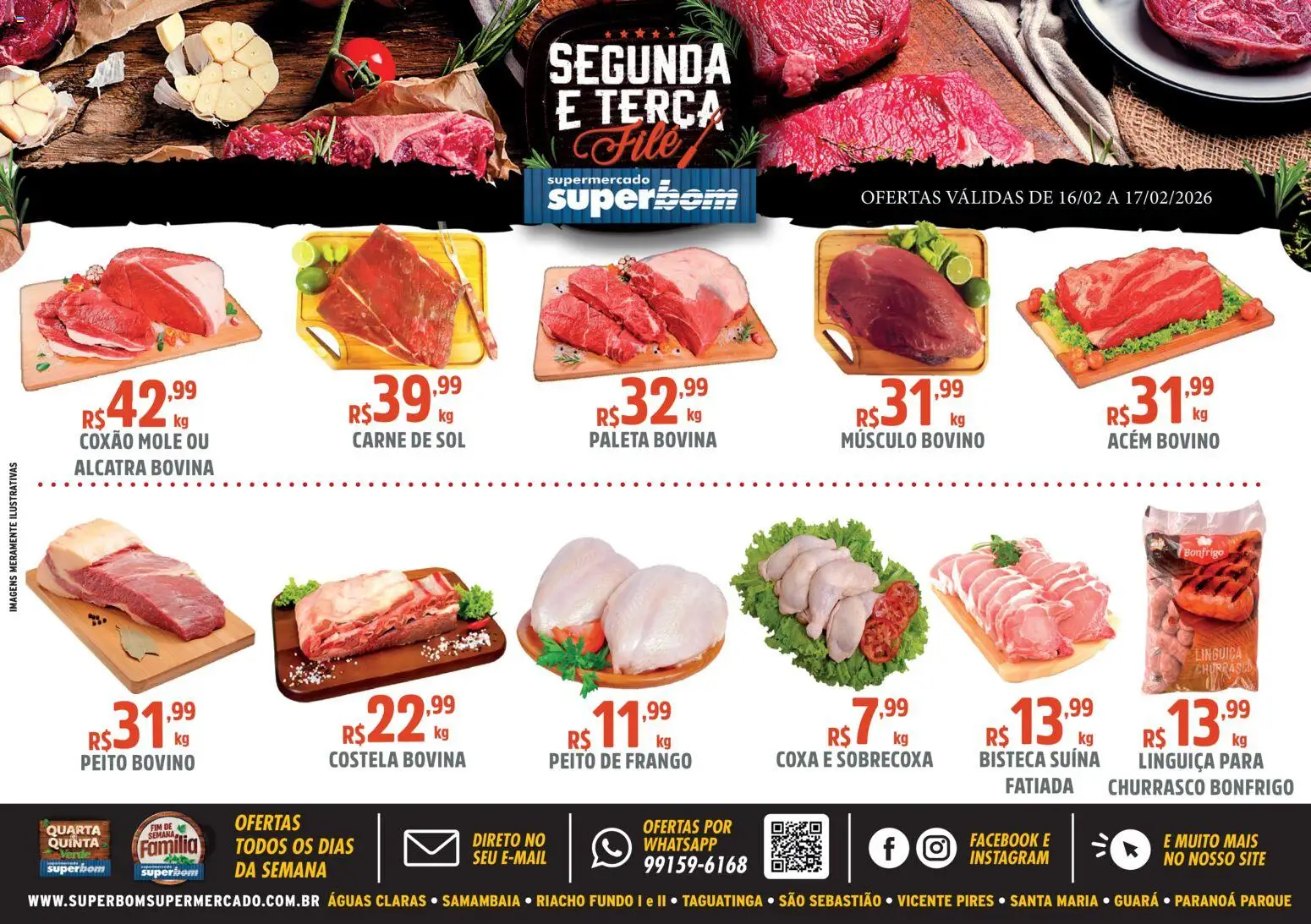 Pré-Visualização do folheto "Ofertas da semana" da loja Superbom válido a partir de 16/02/2026 - Carne, Frango, Peito de frango, Linguiça, Alcatra, Costela bovina, Músculo bovino, Acém