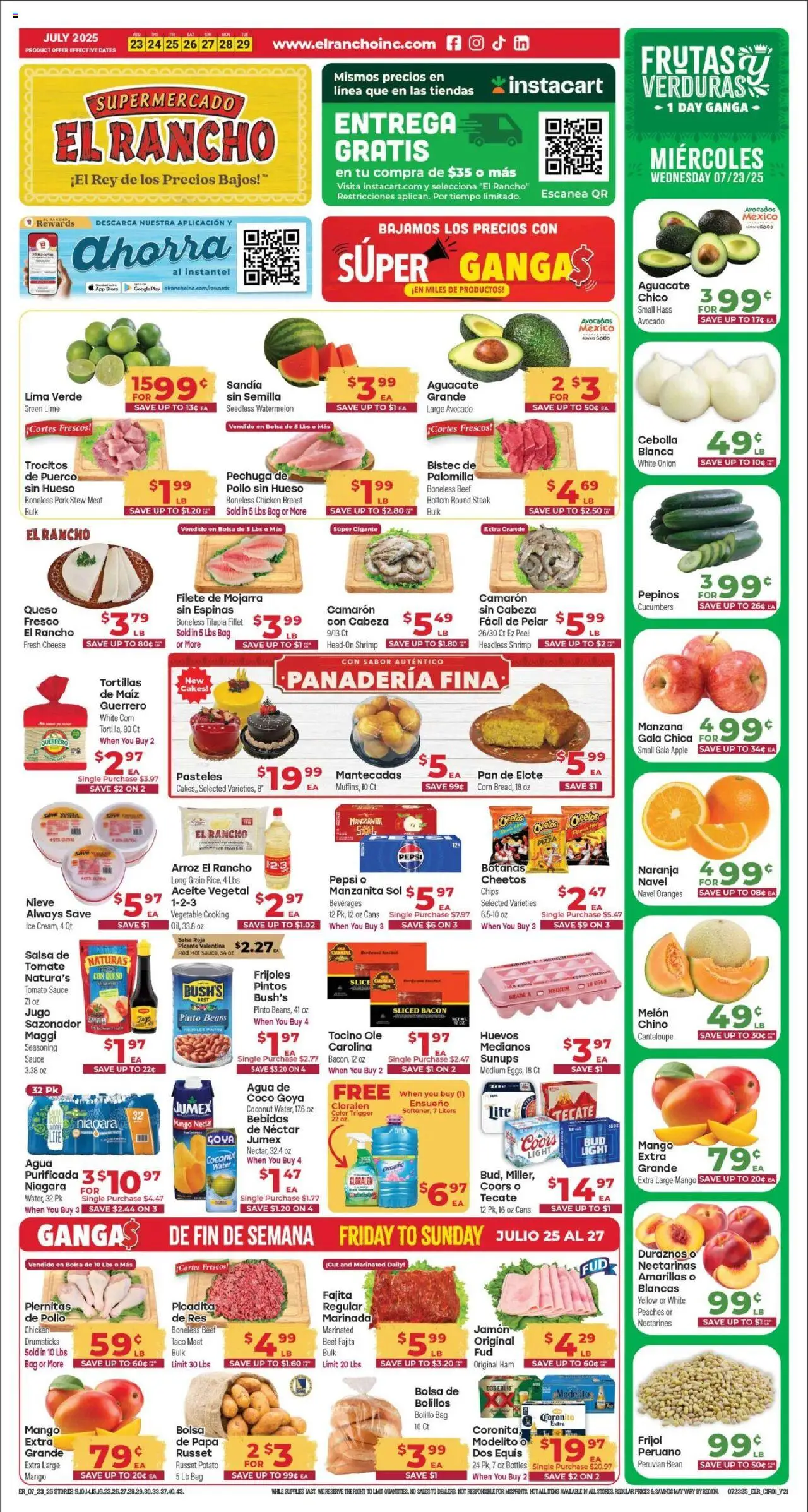 El Rancho Weekly Ad 4 from 07/23/2025 - Flyer - Page number 1 - Pizza, Mango, Oranges, Shrimp, Corn, Bag, Beverages, Chicken