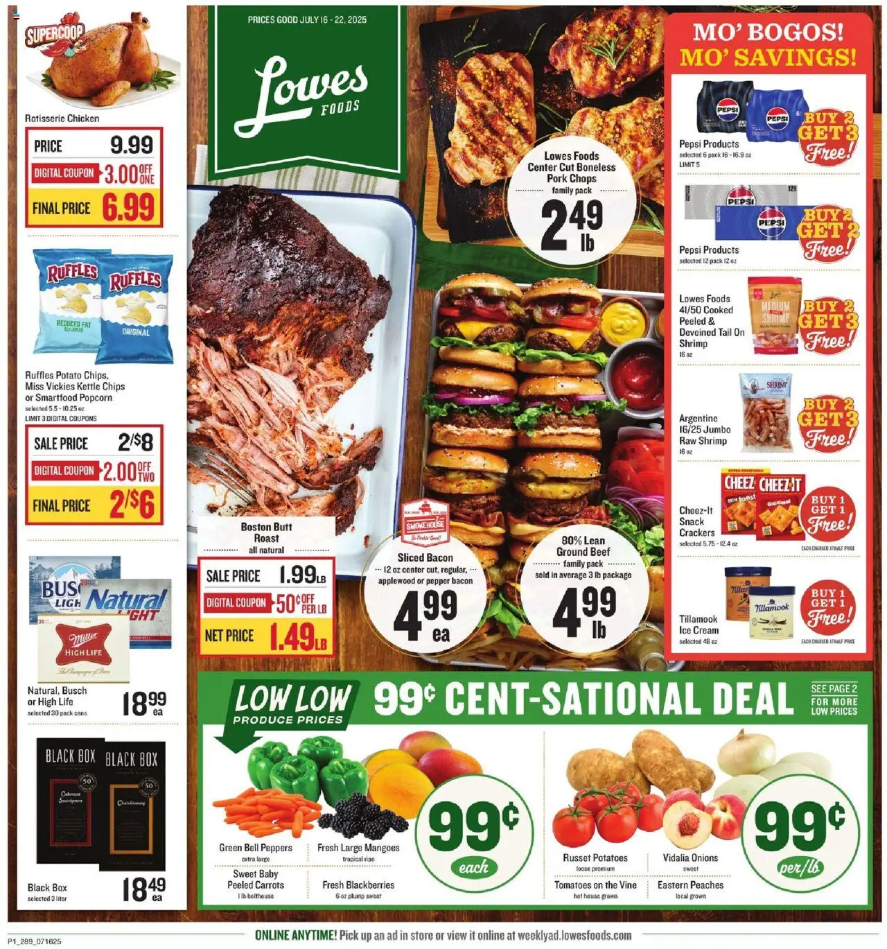 Lowes Foods Weekly Ad - GA from 07/16/2025 - Flyer - Page number 1 - Peaches, Shrimp, Pork, Tomatoes, Bacon, Potatoes, Pepper, Ice