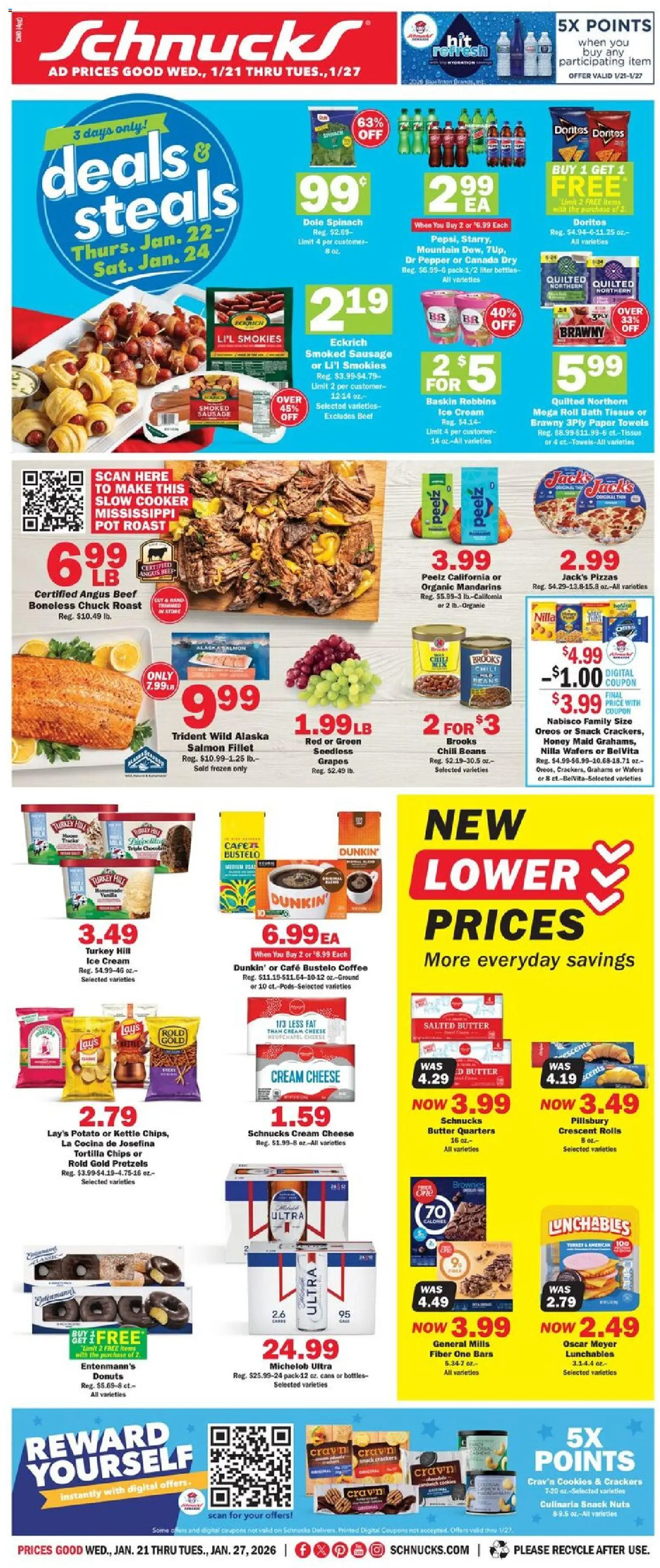 Ad Preview of Schnucks Weekly Ad from 01/21/2026 - Coffee, Cookies, Beet, Salmon, Butter, Grapes, Mandarins, Crackers