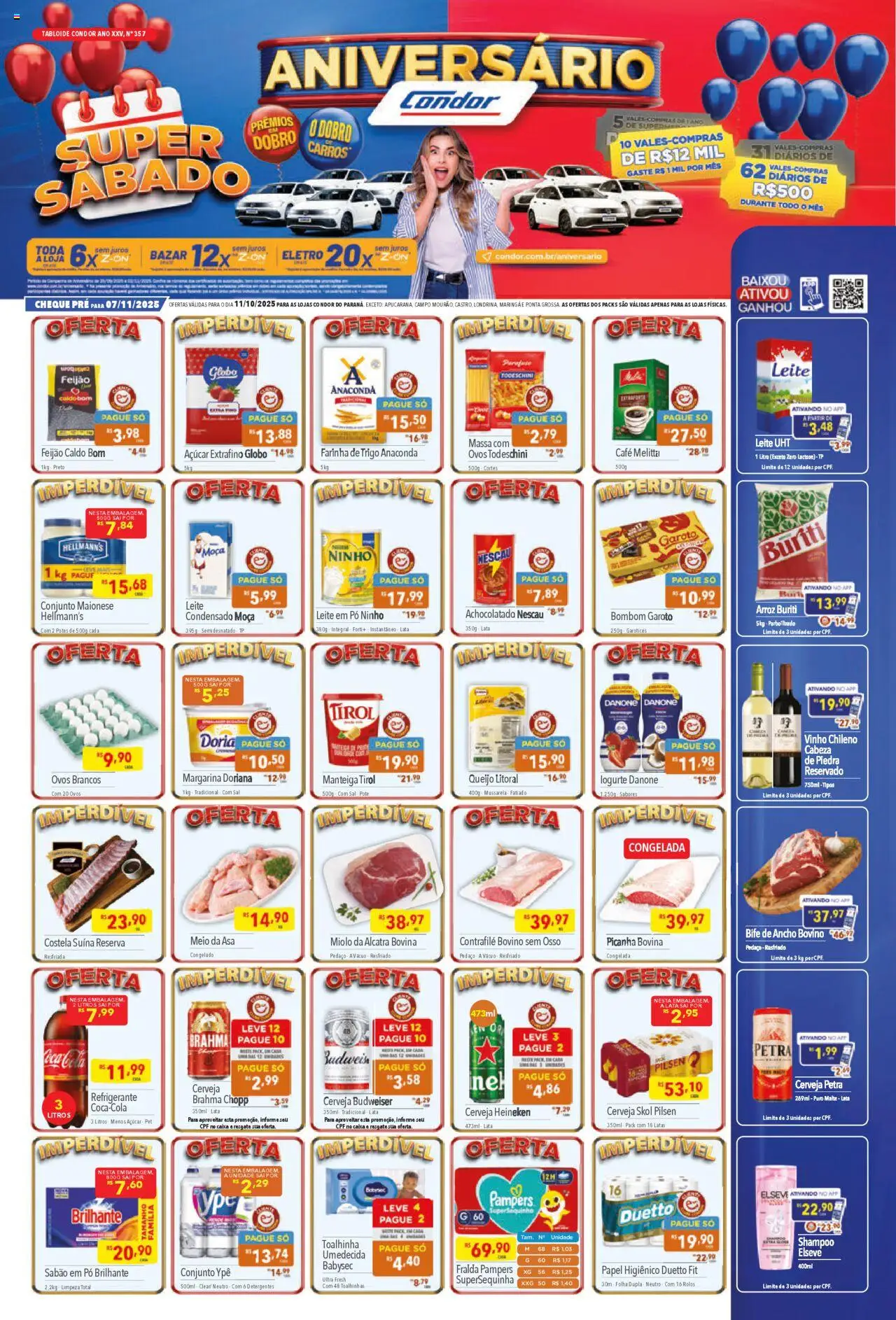 Supermercados Condor folheto "Ofertas Super Sabado" válido a partir de 11/10/2025 - número de página 1 - Caixa, Vinho, Cama, Leite, Pó, Margarina, Potes, Doriana