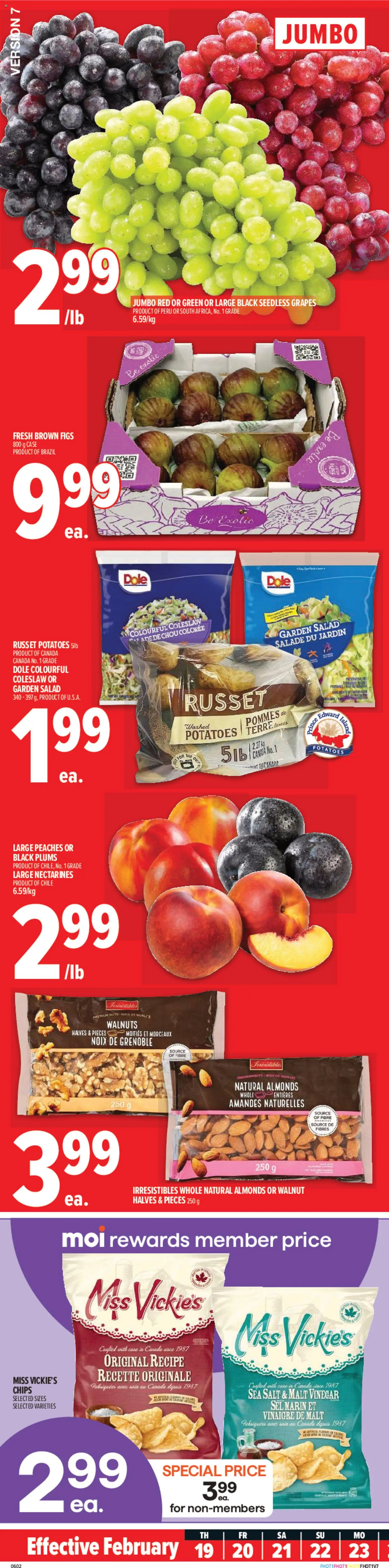 Preview of leaflet Montréal from shop Metro is valid from Feb 19, 2026 - Figs, Chips, Potatoes, Peaches, Nuts, Salt, Nectarines, Seedless grapes