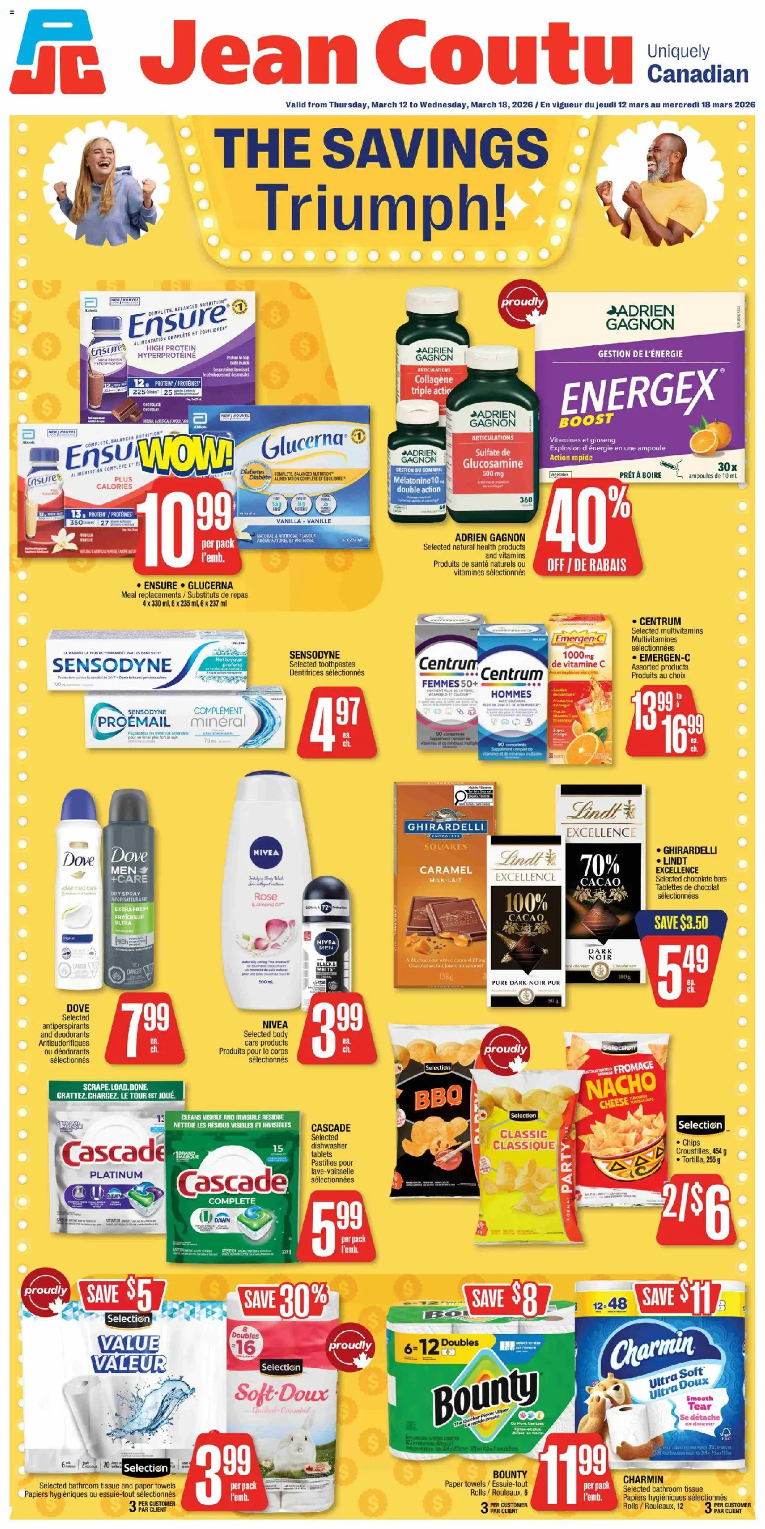 Preview of leaflet Jean Coutu weekly flyer from shop Jean Coutu is valid from Mar 12, 2026 - Cheese, Lindt, Dishwasher, Milk, Oil, Protein, Vanilla, Paper towels