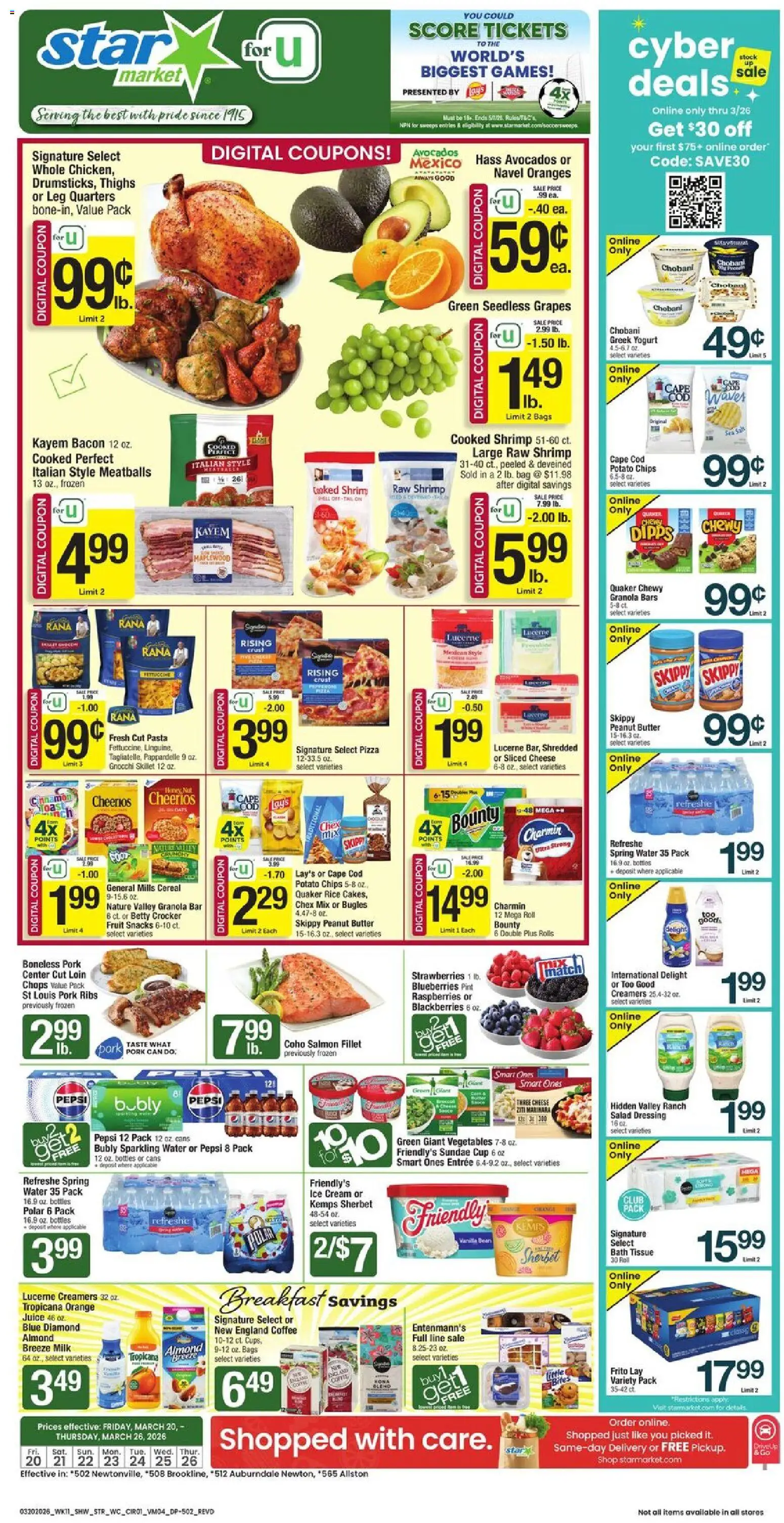 Ad Preview of Star Market Star Market Weekly Ad - MA from 03/20/2026 - Pizza, Vegetables, Butter, Rice, Skillet, Peanut butter, Bag, Bath