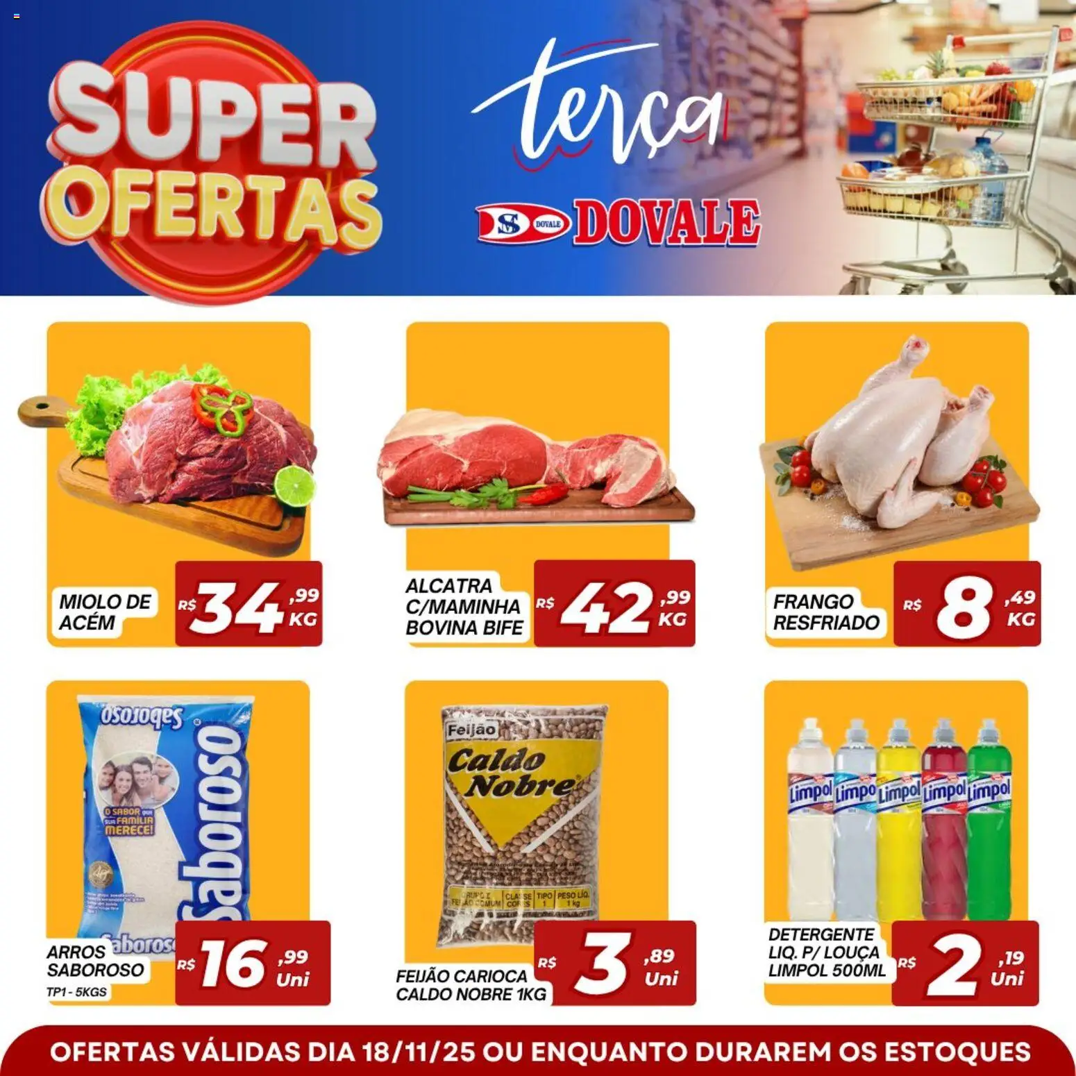 Pré-Visualização do folheto "Ofertas da semana" da loja Dovale válido a partir de 18/11/2025 - Feijão, Frango, Detergente, Louça, Alcatra, Acém