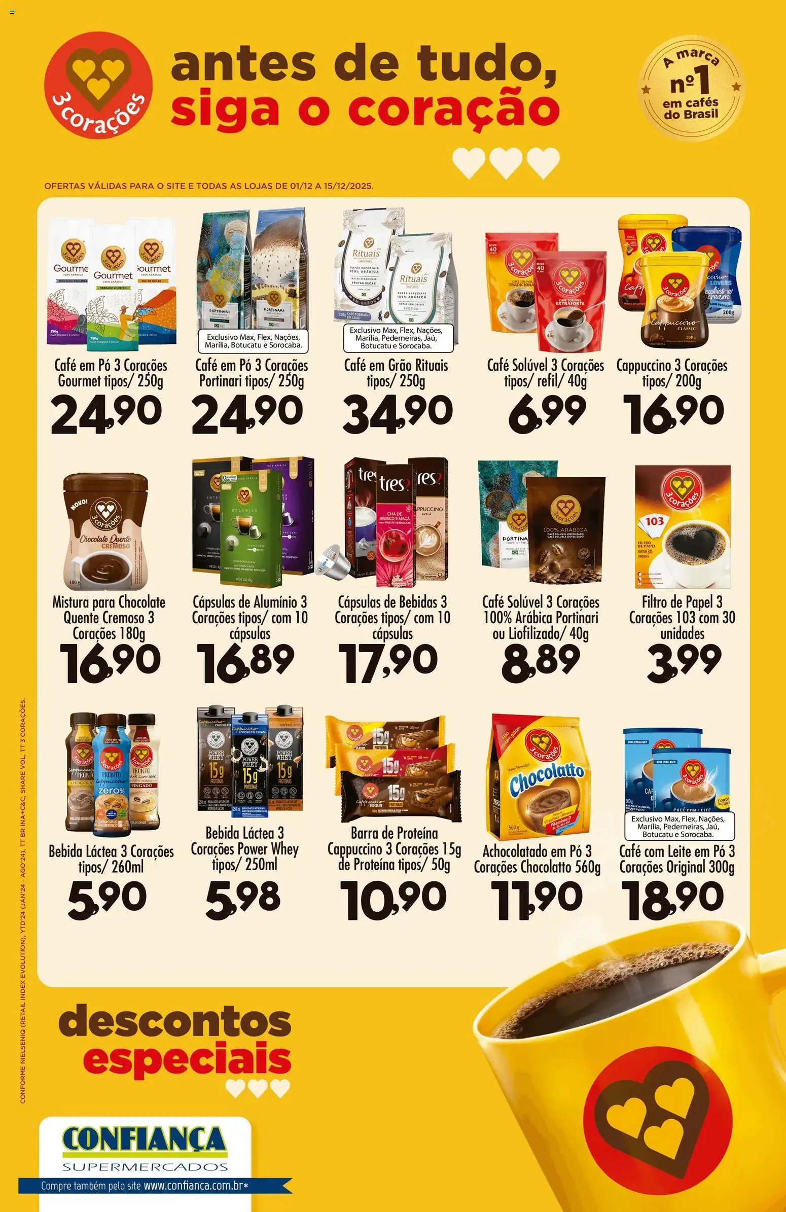 Pré-Visualização do folheto "Ofertas 3 Corações" da loja Confiança válido a partir de 01/12/2025 - Chocolate, Cookies, Hibisco, Bebidas, Leite em pó, Barra de proteína, Avelã, Cápsulas