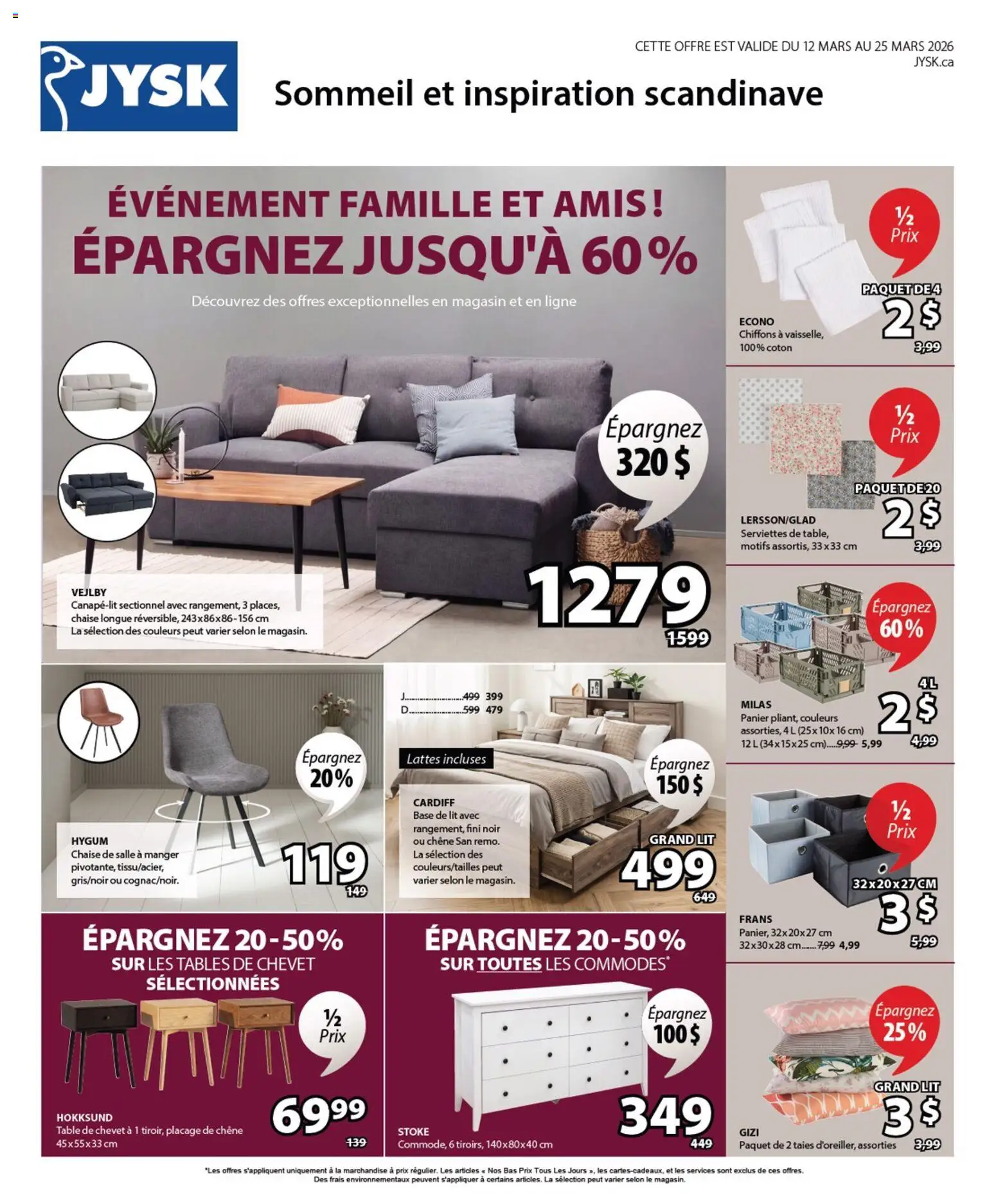 Preview of leaflet JYSK circulaire from shop JYSK is valid from Mar 12, 2026 - Table de chevet, Lit, Chaise longue, Serviettes, Chaise de salle à manger