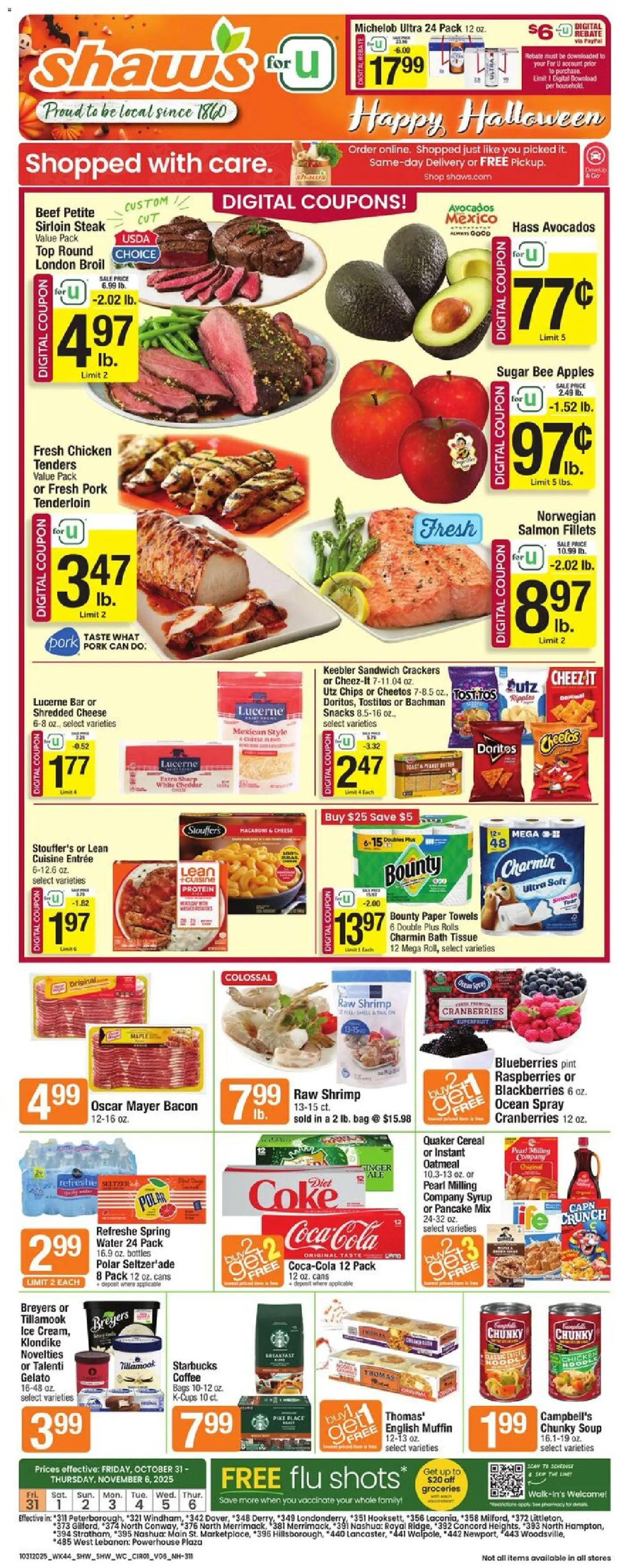Ad Preview of Shaw's Weekly Ad - NH from 10/31/2025 - Coffee, Water, Blueberries, Ginger, Cranberries, Crackers, Bath, Pork